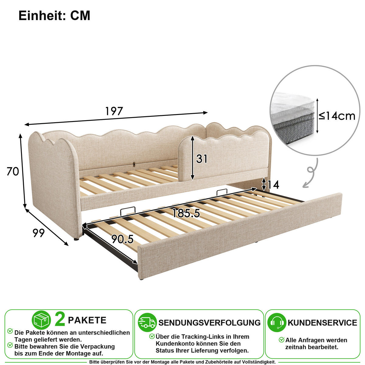 JUGENDBETT 90/190 cm & 90/190 cm in Beige mit Ausziehbett und Lattenrost Leinen - Beige, Holzwerkstoff/Textil (90/190cm) - CHICFURN