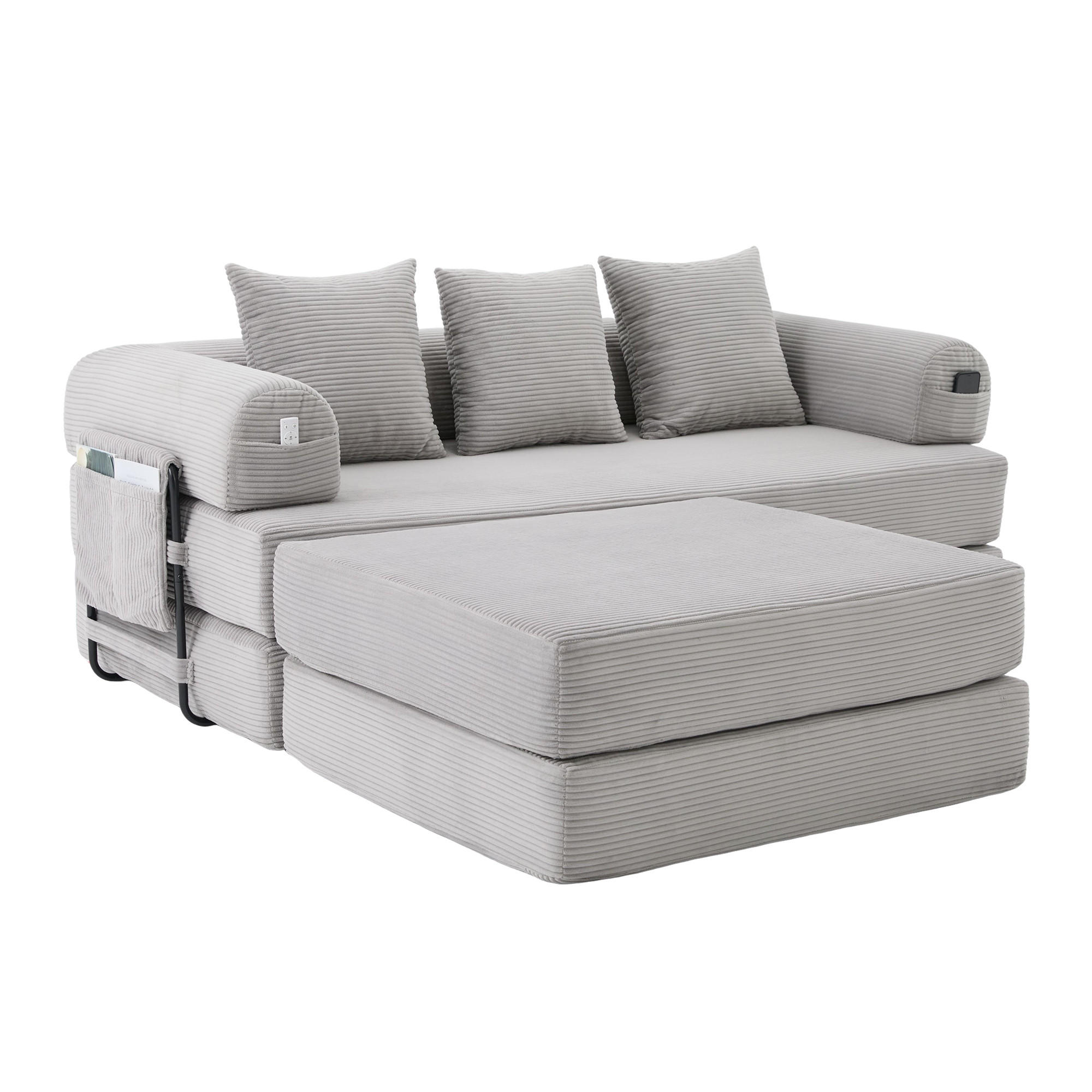 SOFA modular mit Hocker 200 x 190 cm Cord Hellgrau - Hellgrau, Kunststoff (190/200cm) - Meubliv