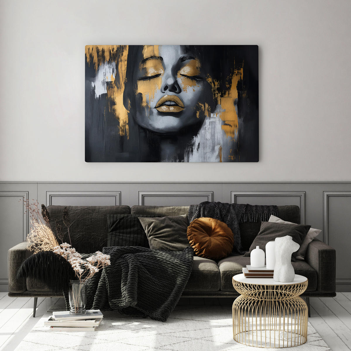 LEINWANDBILD abstraktes Porträt Frauengesichts 100x70 - Beige/Schwarz, Textil (100/70cm) - Muralo