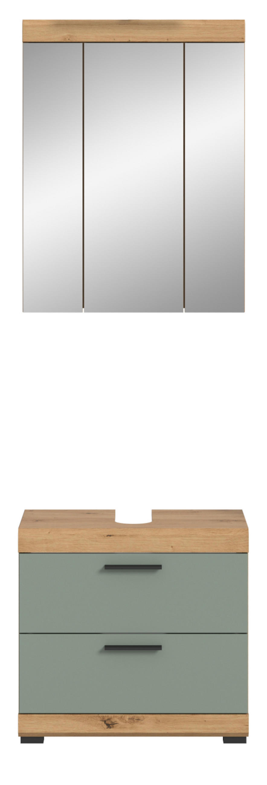 BADMÖBEL-SET Salbei grün, Eiche Artisan 2-teilig 60 cm, Kombination mit Spiegel - Salbeigrün/Schwarz, Glas/Holzwerkstoff (60/191/37cm) - Inn.Furn