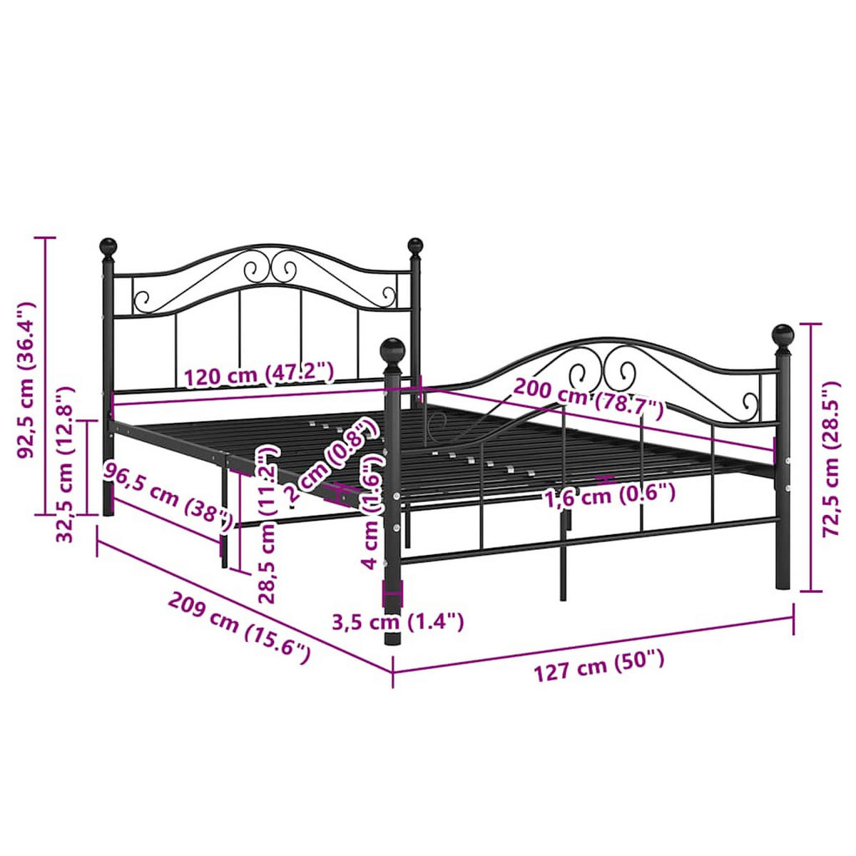 BETT Schwarz Metall 120/200 Cm - Schwarz, Holz (120/200cm) - vidaXL