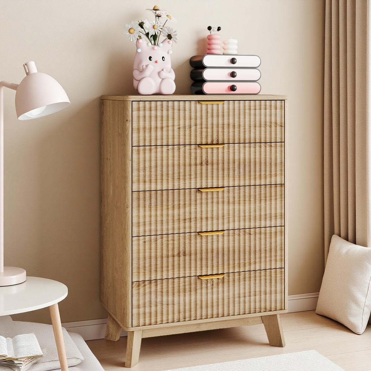 KOMMODE 5 Schubladen Holzoptik, Rillenstruktur, Goldgriffe - Multicolor, Holz (40/108/73cm) - SHOPENTRA