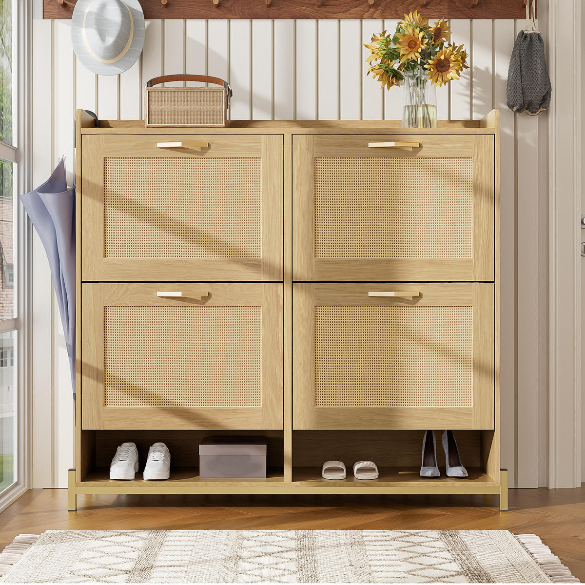 SCHUHSCHRANK Holz Rattantüren 4 Türen Metallrahmen Regal - Hellbraun, Holzwerkstoff (24/100/108.5cm) - FLIEKS