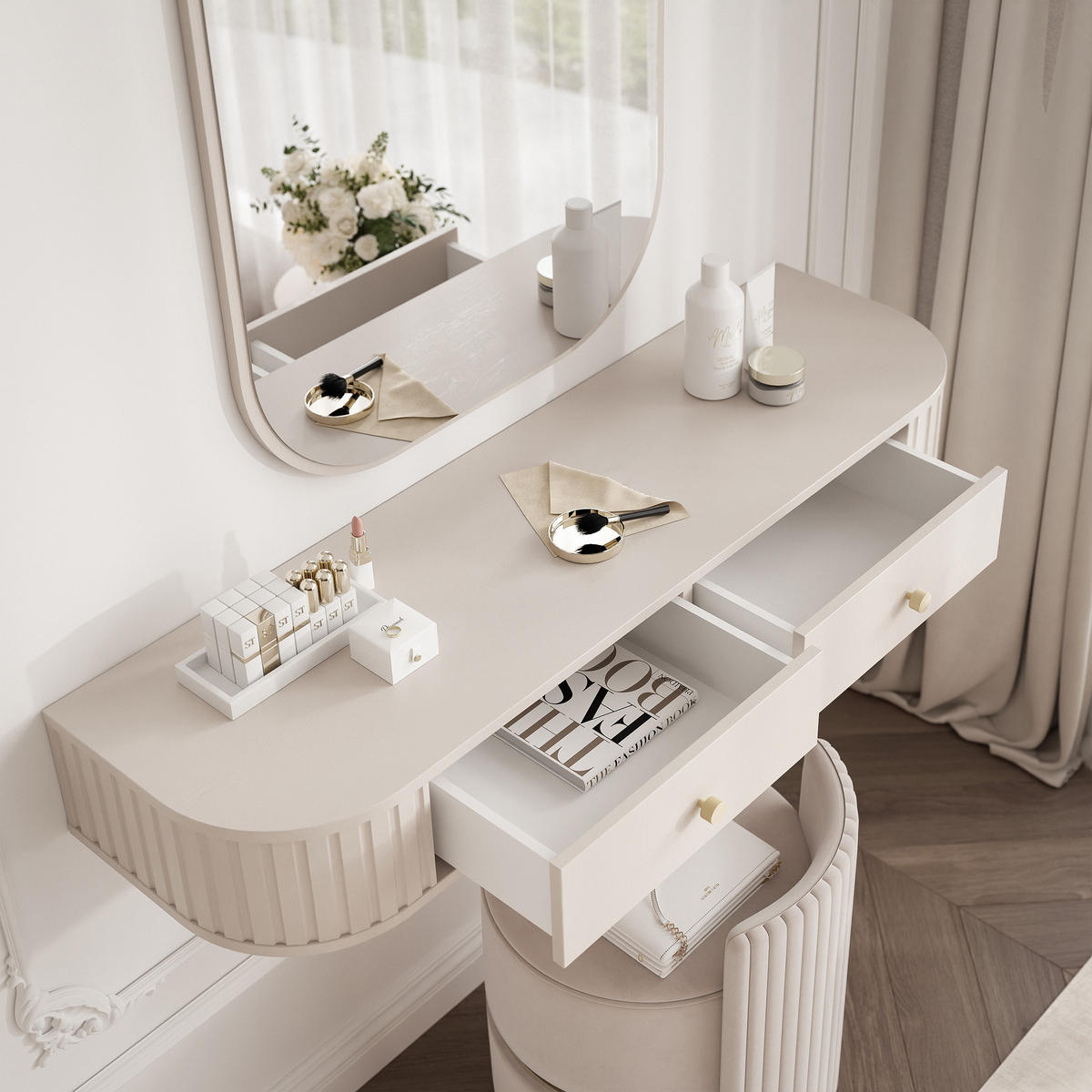 SCHMINKTISCH OVALINE mit Spiegel, 123 cm Beige - Beige/Goldfarben, Holzwerkstoff/Metall (123/17.5/36cm) - Idohome