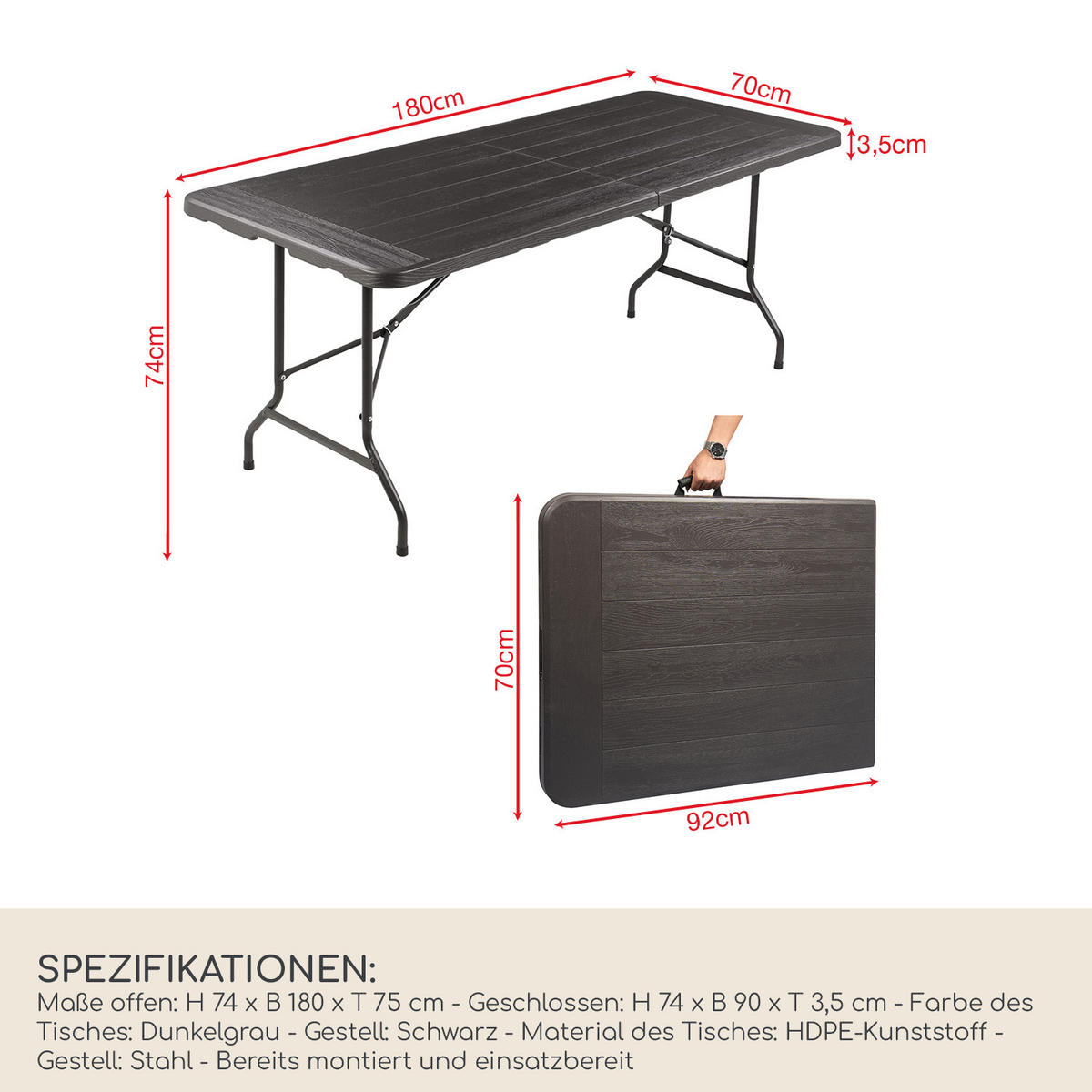 OUTDOOR-TISCH Dunkelgrau Schwarz 180/75/74 cm - Dunkelgrau, Kunststoff (74/180cm)
