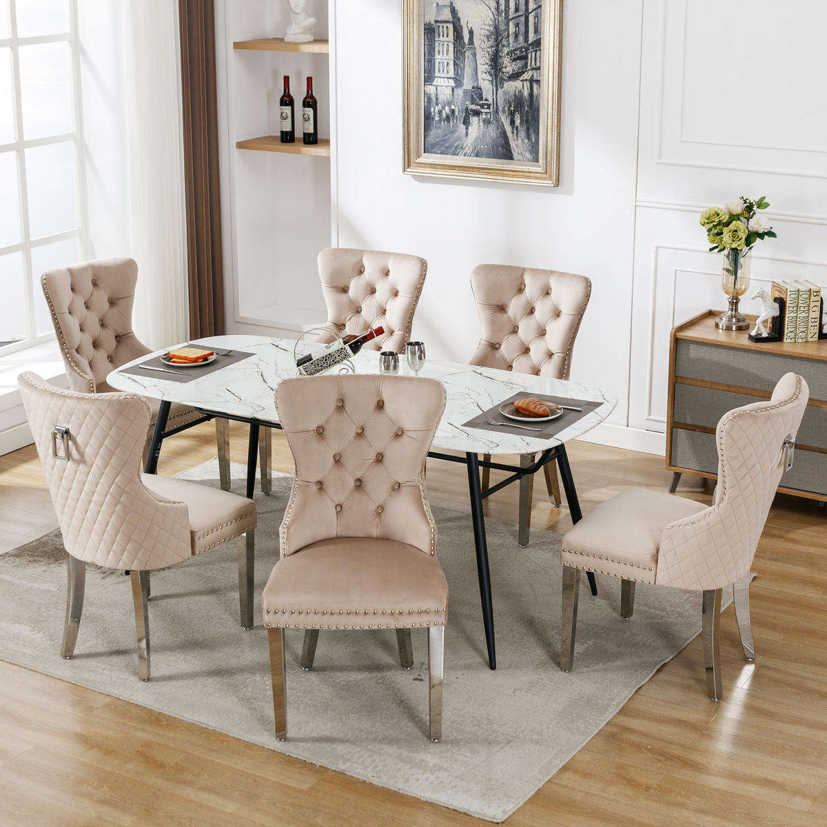 WOHNZIMMER STÜHLE mit Nagelkopfbesatz, Samtbezug und Metallbeinen Beige - Beige, Textil (53/94.5/62.5cm) - EVRYAE