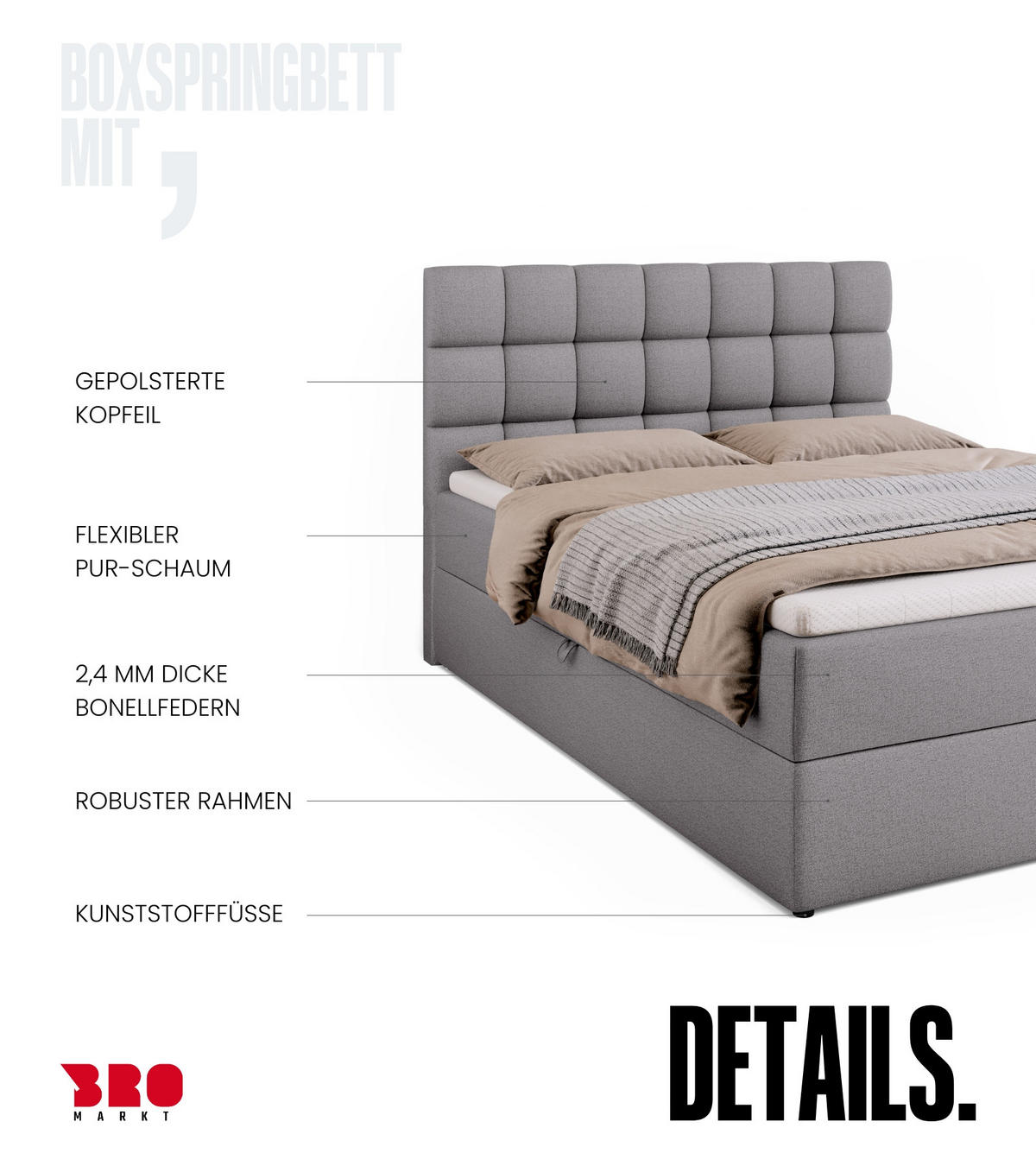 BOXBETT Dakota mit Topper 140/200 Grau - Grau, Textil (140/200cm) - Bromarkt