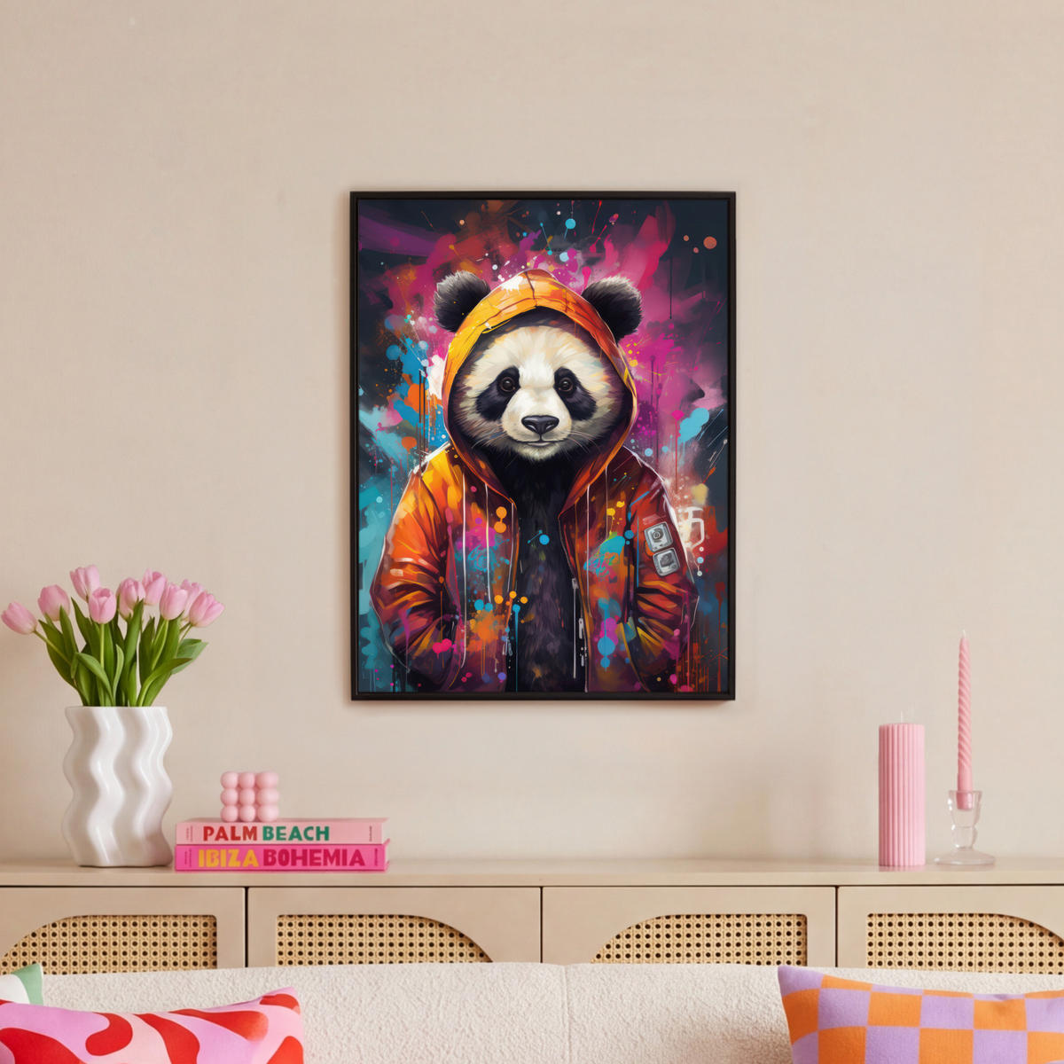 LEINWAND Bilder mit Rahmen - Panda - Jacke - Graffiti - Orange - 50x70 - Orange, Textil (50/70cm) - MuchoWow