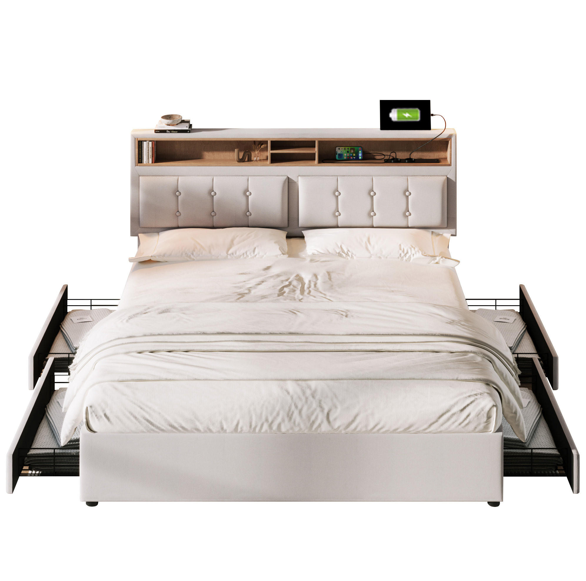 POLSTERBETT 140/200 cm mit USB-C, Steckdosen und 4 Schubladen in Beige - Beige, Textil (140/200cm) - BEAOK