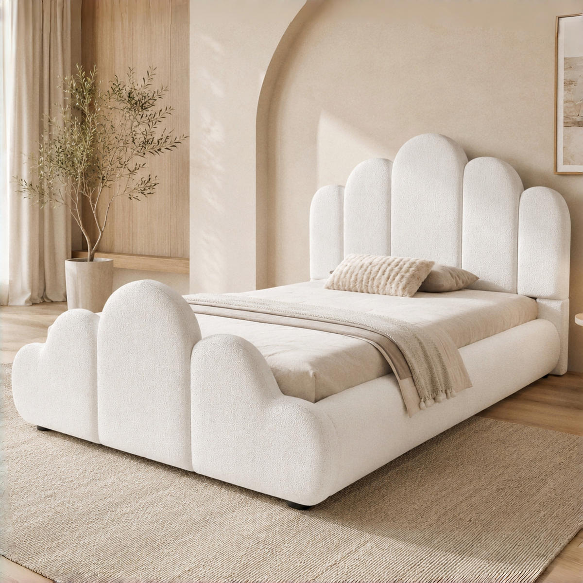 POLSTERBETT 90/200 cm in Beige mit gepolstertem Kopfteil, abgerundeten Ecken und Wolken-Design aus Bouclé - Beige/Schwarz, Holzwerkstoff/Textil (90/200cm) - STILVORA