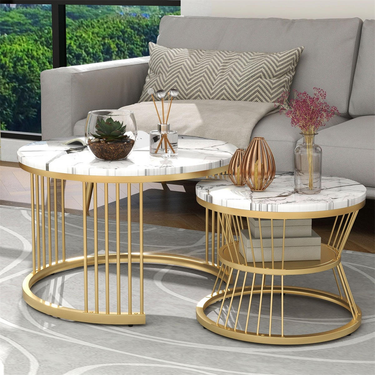 COUCHTISCH 2er Set - Runder Couchtisch 70 cm & 45 cm - Ineinander Schiebbar Marmoroptik - Gold & Weiß - Weiß, Holzwerkstoff (70/70/45.5cm) - DELFA
