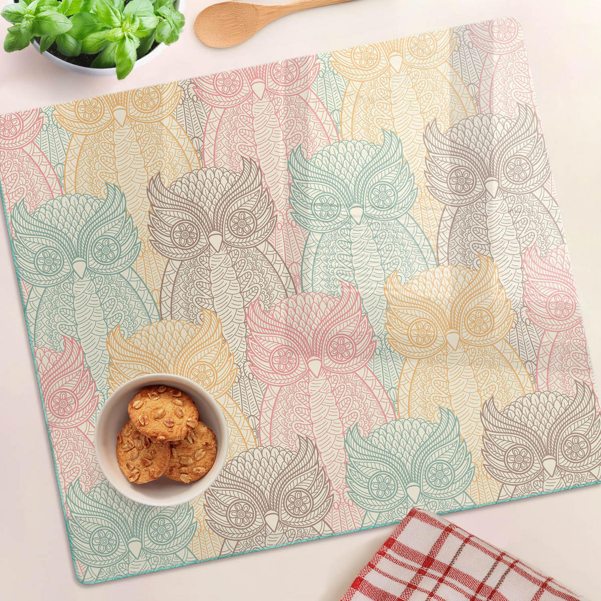 GLASPLATTE 60x52 cm Eulen - Weiß Hochglanz/Beige, Glas (60/0.4/52cm) - TULUP