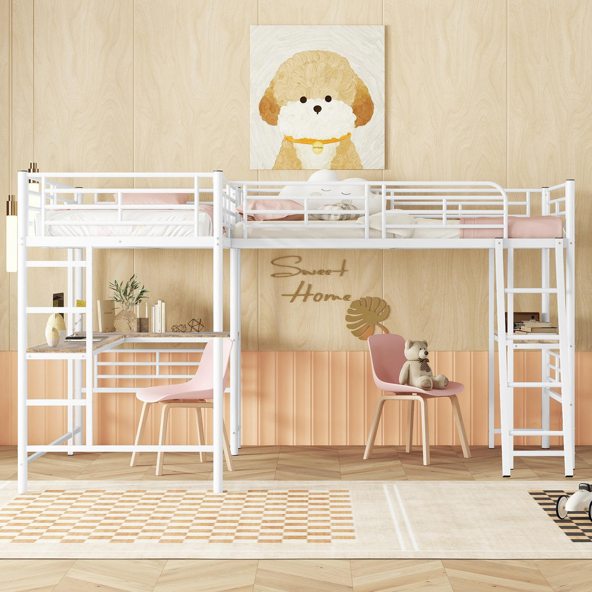 HOCHBETT 90/200 cm Weiß mit Tisch und Doppeltreppe - Weiß, Metall (140/200cm) - OKWISH