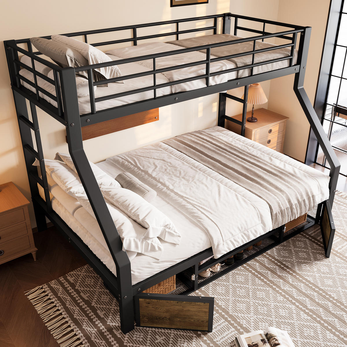 ETAGENBETT 90x200cm + 140x200cm Schwarz Kinderbett Schuhschrank EN747 - Schwarz, Metall (140/200cm) - FLIEKS