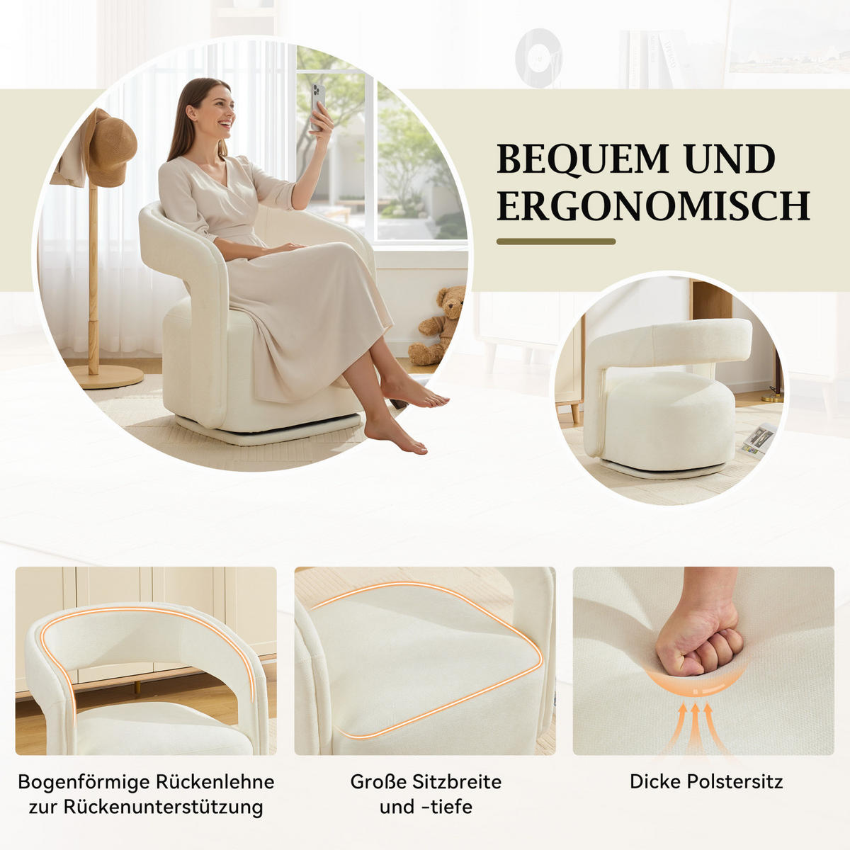 SESSEL,360 Grad Drehsessel Chenille Weiß, Relaxsessel für Wohnzimmer - Weiß, Textil (70/74/65cm) - PARAFTA HOME