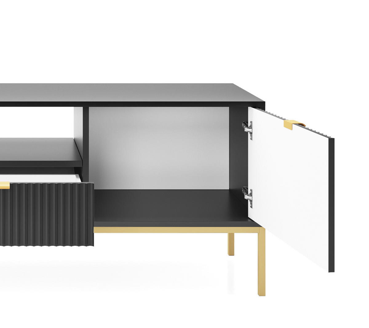 TV-SCHRANK NOVA Geriffelt Regal, 2 Türen, Schublade, Goldene Beine, 154x39x56cm, Schwarz - Goldfarben/Schwarz, Holzwerkstoff/Kunststoff (154/56/39cm) - DomoHome