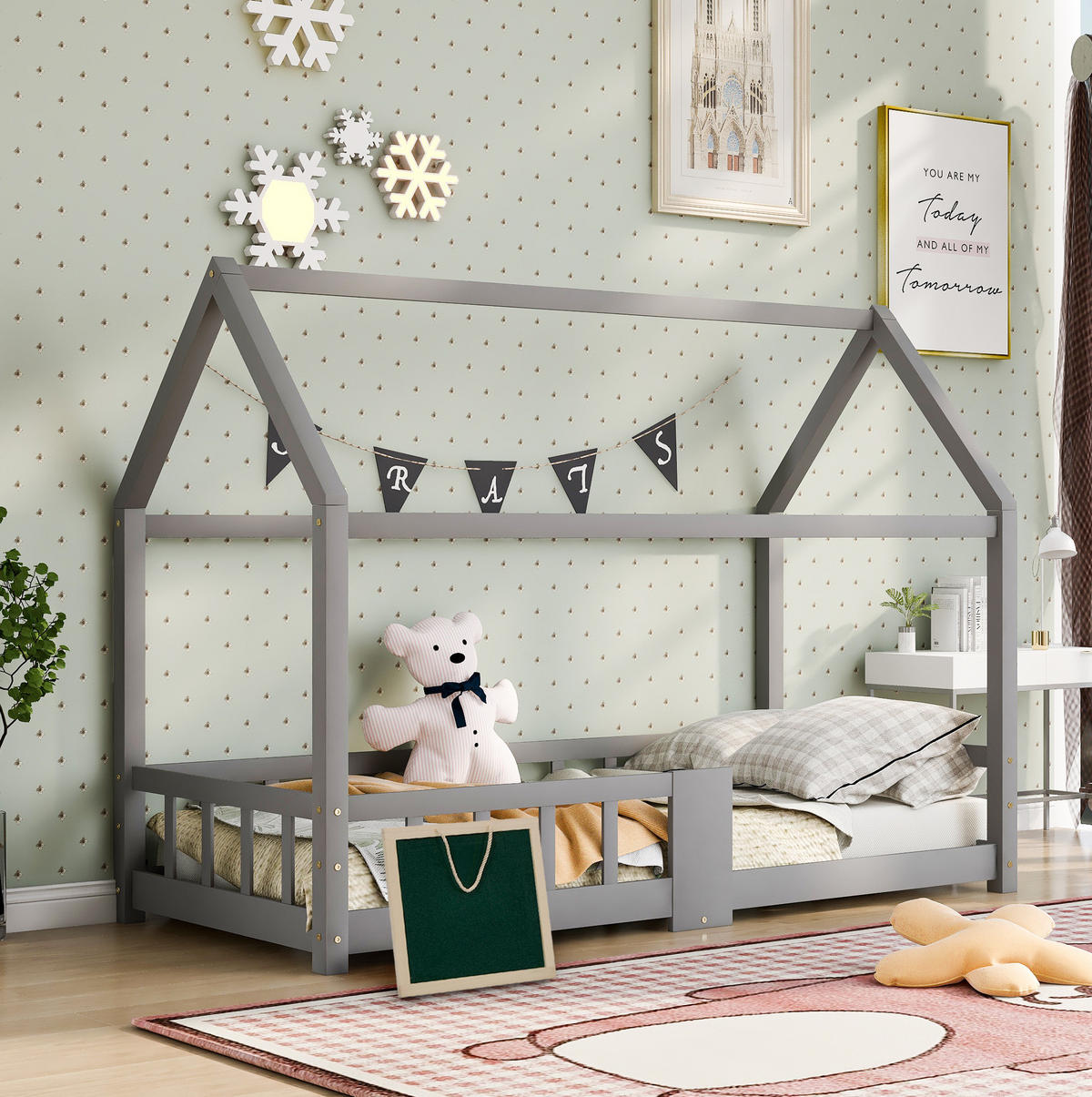 KINDERBETT Hausbett 90/200 cm mit Tafel, Lattenrost und Rausfallschutz aus Kiefernholz, Grau - Grau, Holzwerkstoff - Redom