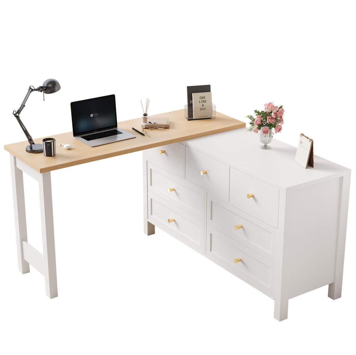 PSACÍ stůl z dřevotřísky 120x40x70 cm bílý/dubový dekor s otočnou deskou 360° a 7 zásuvkami, 2 v 1 - bílá, kompozitní dřevo (120/70/40cm) - Modfu