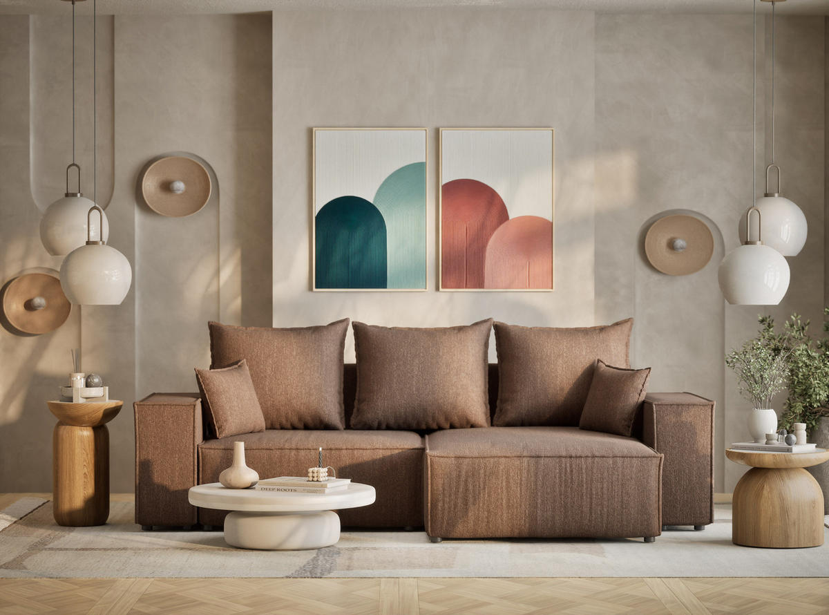 ECKSOFA MIT SCHLAFFUNKTION Moyo Hellbraun Webstoff - Hellbraun/Schwarz, Holz/Holzwerkstoff (255/148cm) - Maison de Reve