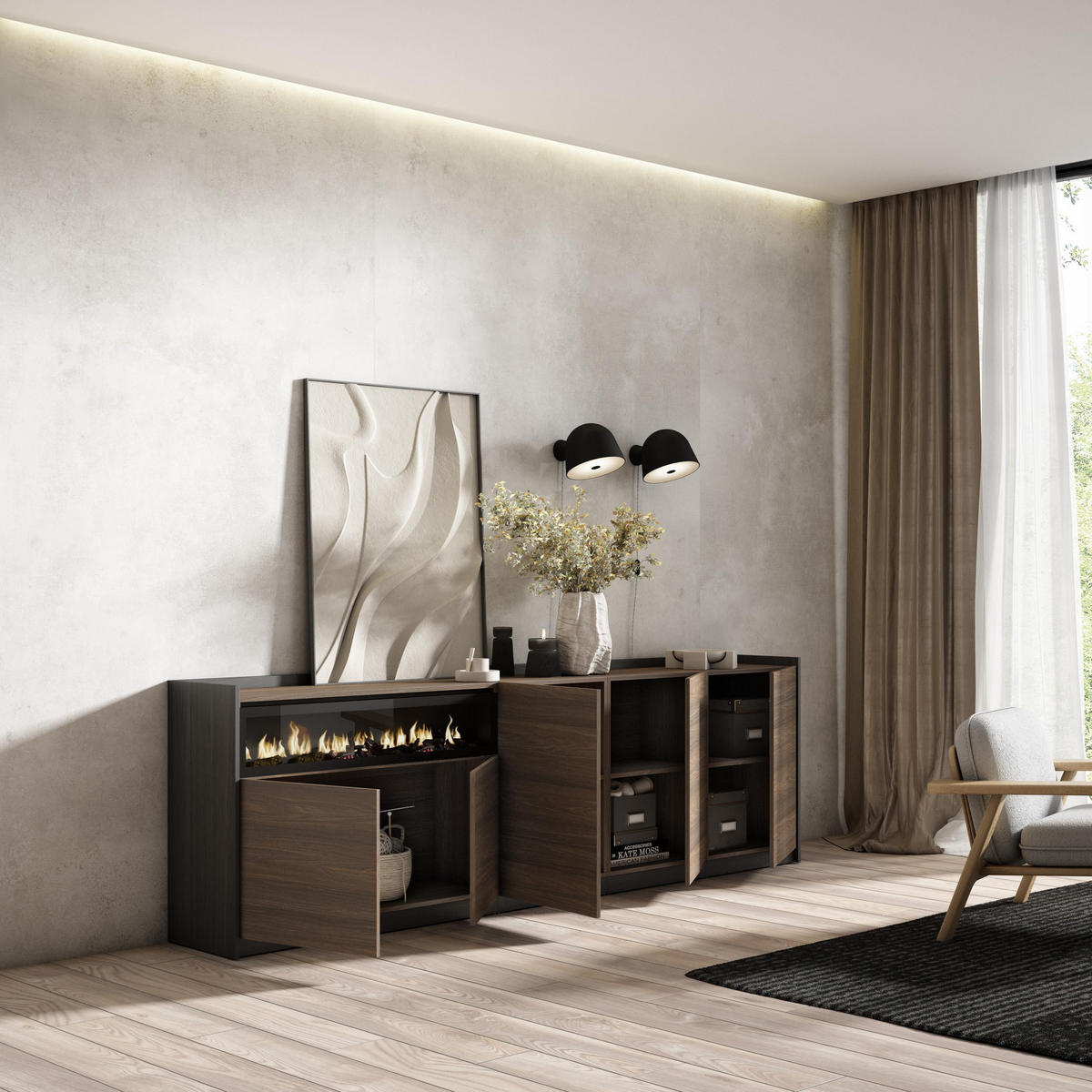 SIDEBOARD, Dunkler Eiche und Schwarz, Elektrokamin, 260/37/80cm - Dunkelbraun, Holzwerkstoff (260/80/37cm) - Skraut Home