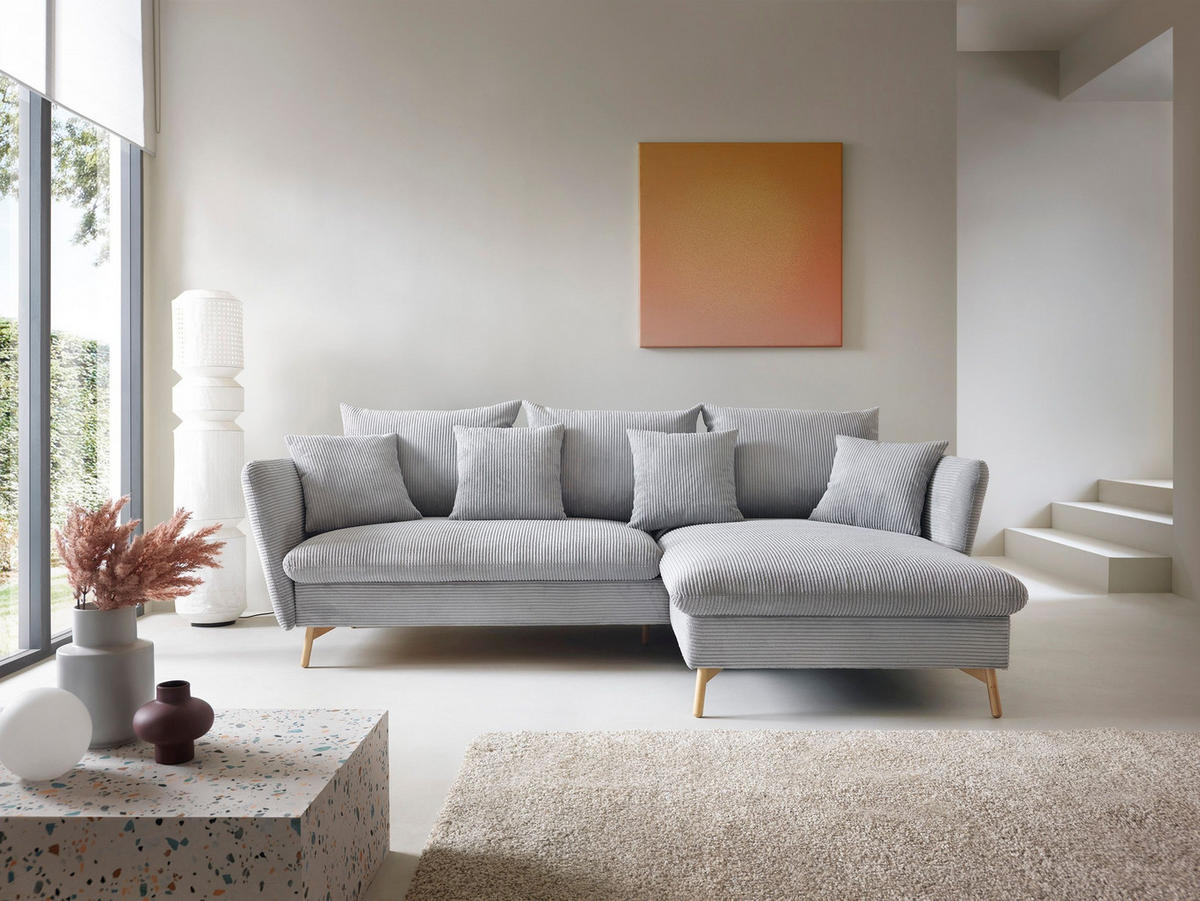 ECKSOFA NERA Grau Kordstoff mit Schlaffunktion - Grau, Holz (258/167cm) - MASSENO