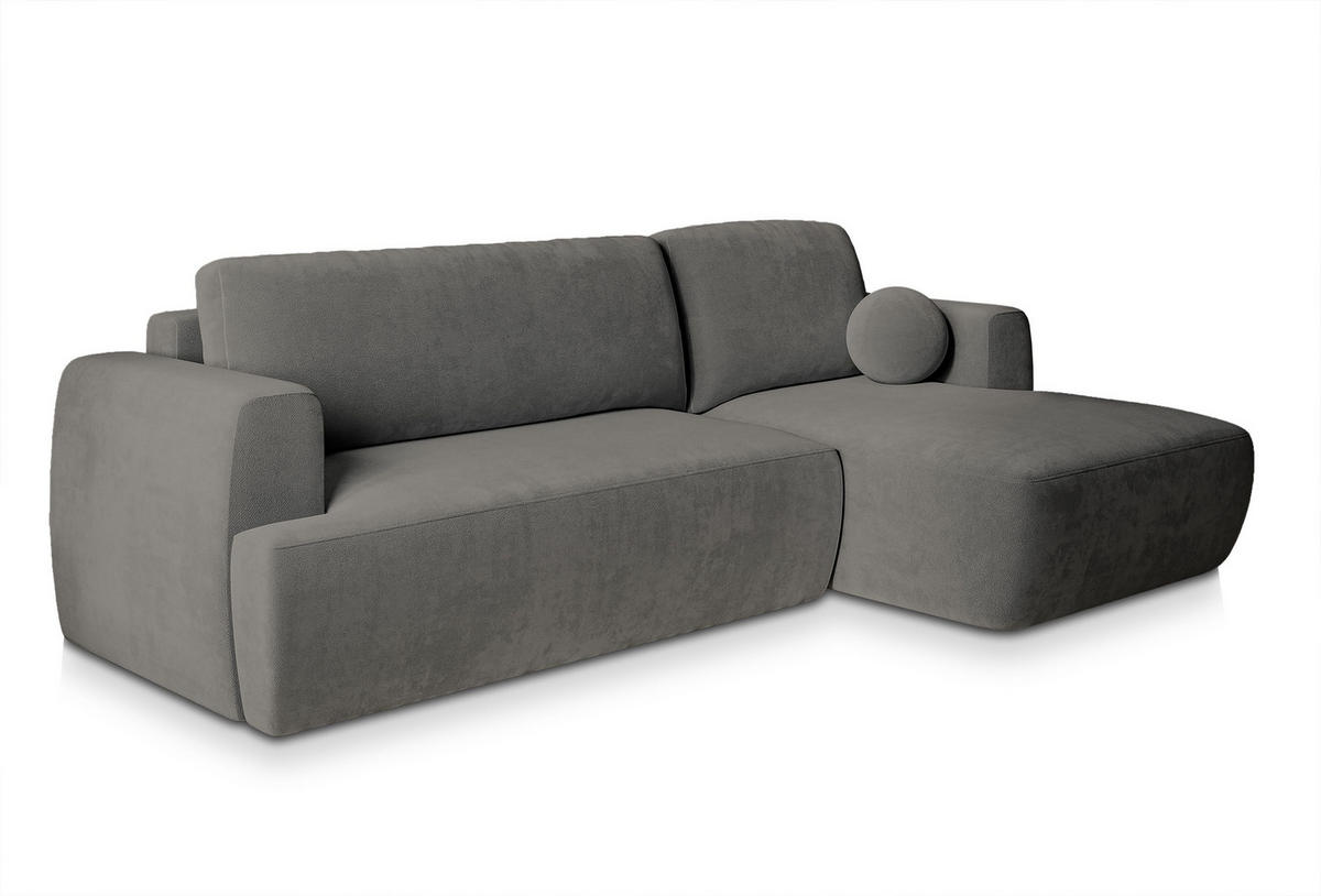 ECKSOFA SENTI K R-S Grau Plüsch-Stoff mit Schlaffunktion - Grau, Holz (246/148cm) - MASSENO