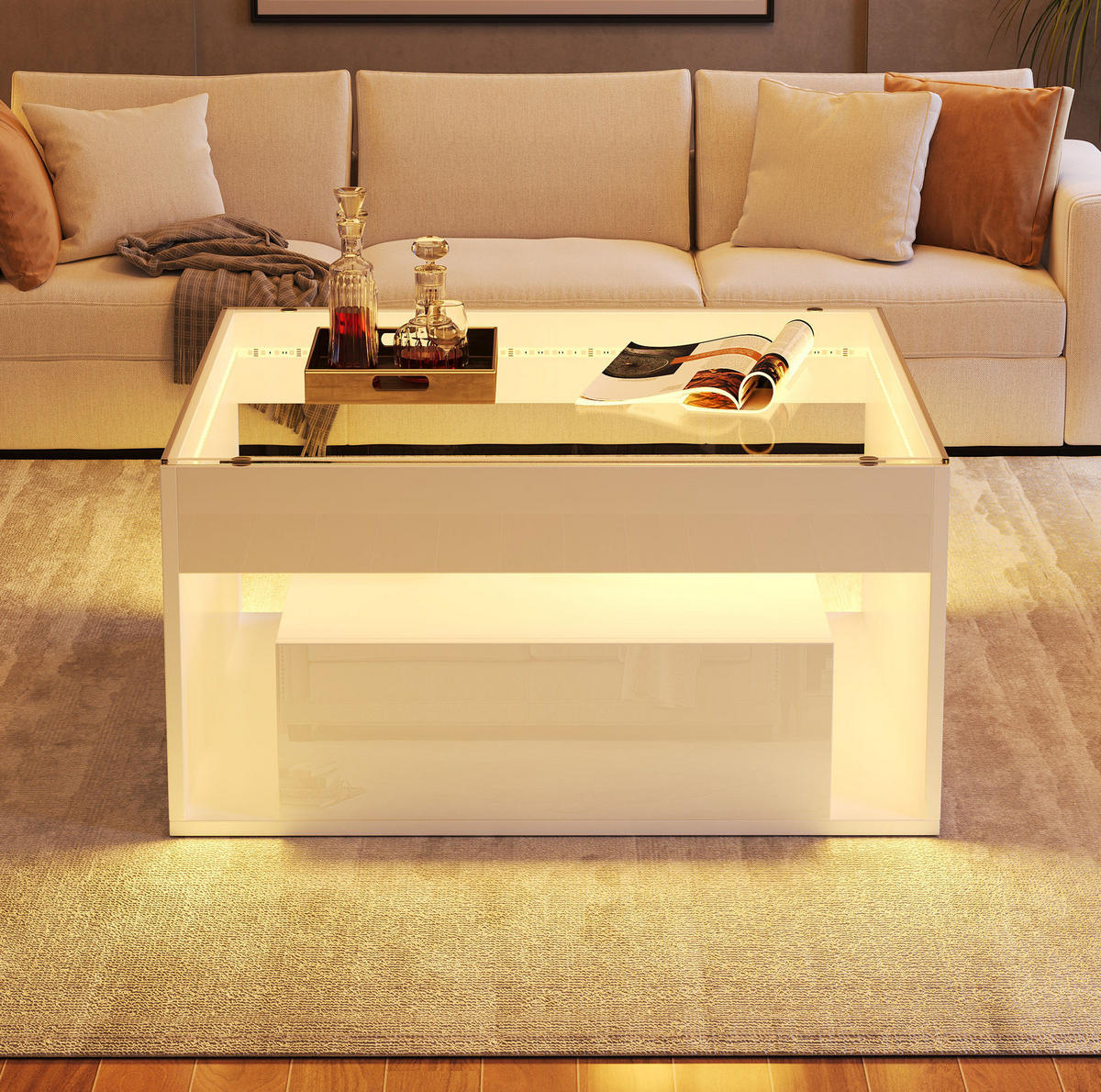 COUCHTISCH 70/70/35 cm mit LED-Beleuchtung, 2 Schubladen und Glasplatte, Weiß - Weiß, Holzwerkstoff (70/70/35cm) - Redom