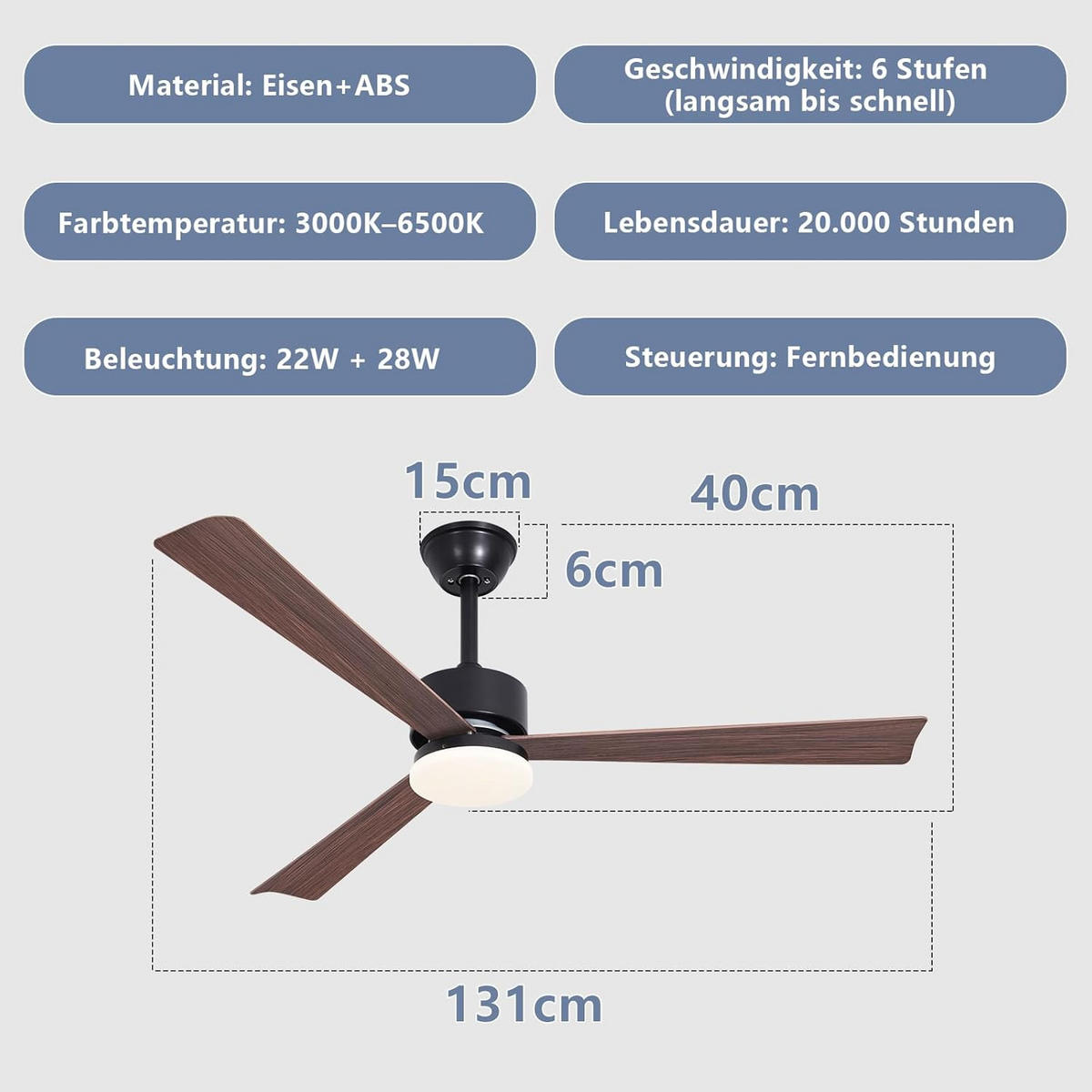DECKENVENTILATOR mit Beleuchtung Qarvel 131/15/40 cm - Braun, Kunststoff/Metall (131/15/40cm) - ZMH