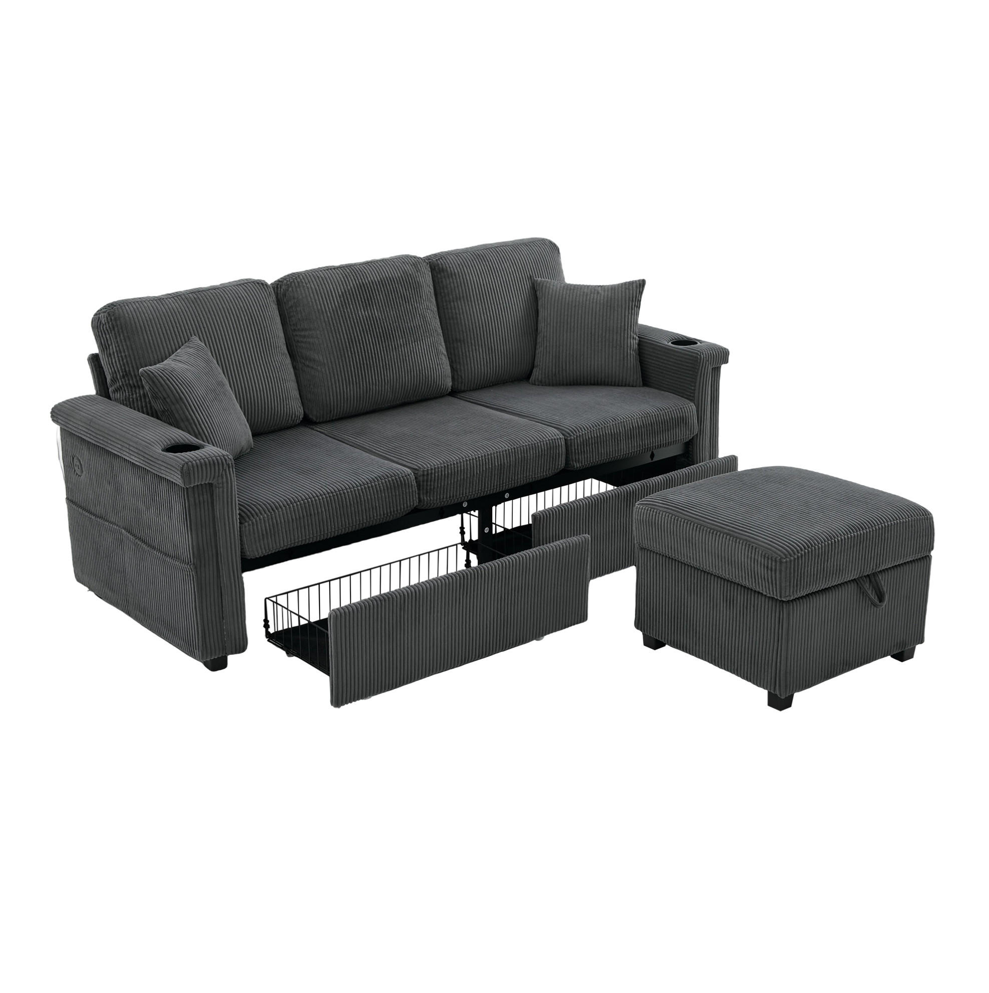 SOFA Corduroy mit LED und USB-Anschluss Stauraum 194/73/81 cm Dunkelgrau - Dunkelgrau, Textil (73/194cm) - Redom