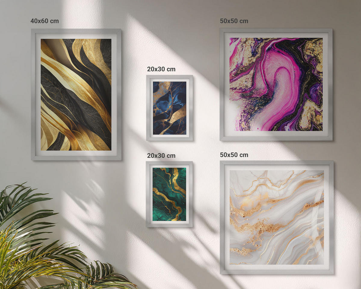 WANDBILDER 5er Set - 50x50 cm & 20x30 cm & 40x60 cm Silberner Rahmen - Abstrakter Marmor mit Farben - Silberfarben, Kunststoff (40/60cm) - ArtPrintCave