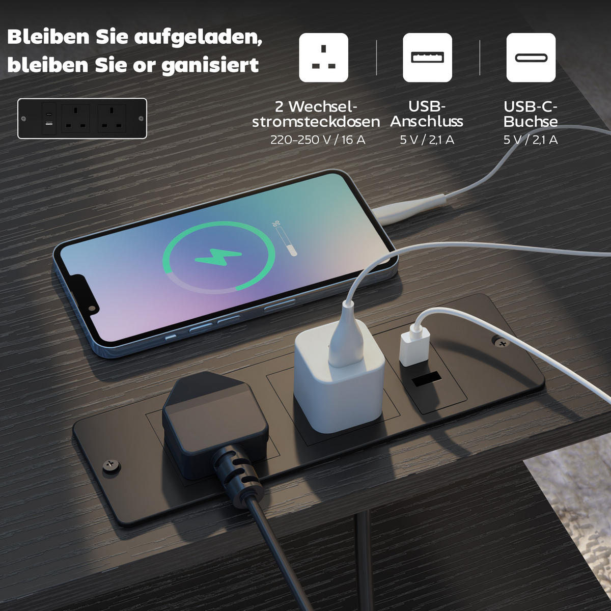 COUCHTISCH DE-08768 mit Ladestation, USB-C & Schubladen Schwarz - Schwarz, Metall (40/30/60cm) - ComfortXL