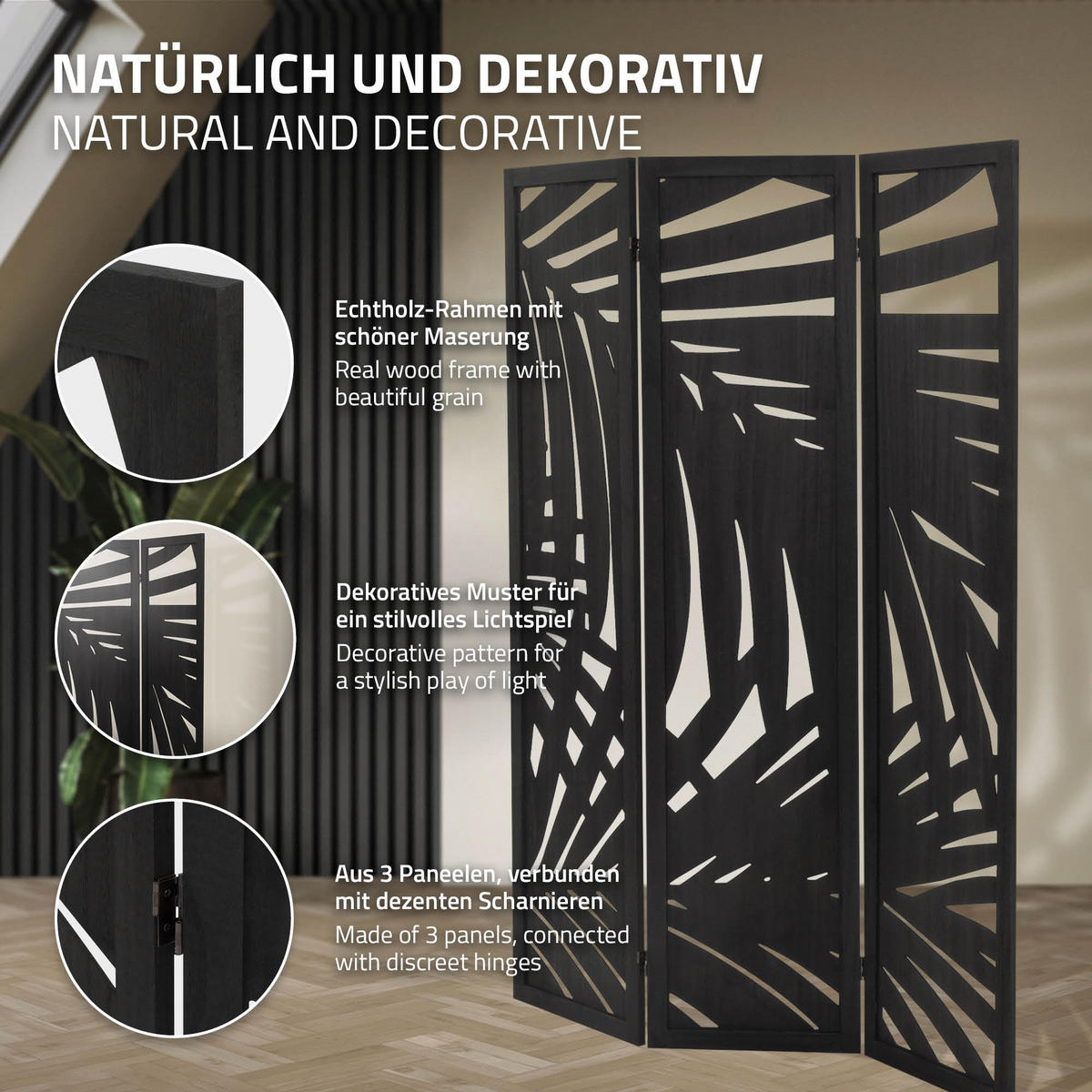 PARAVENT 3 teilig Sapporo 170x121 cm Schwarz aus Holz - Braun, Holz (121/170/2cm) - ML-DESIGN