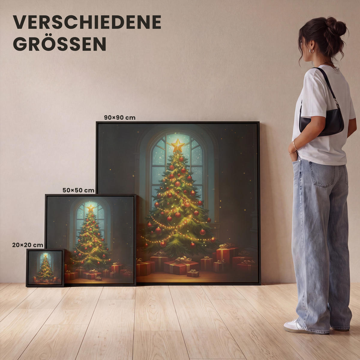 LEINWAND Bilder mit Rahmen - Weihnachtsbaum - Geschenk - Winter - 50x50 - Grün, Textil (50/50cm) - MuchoWow
