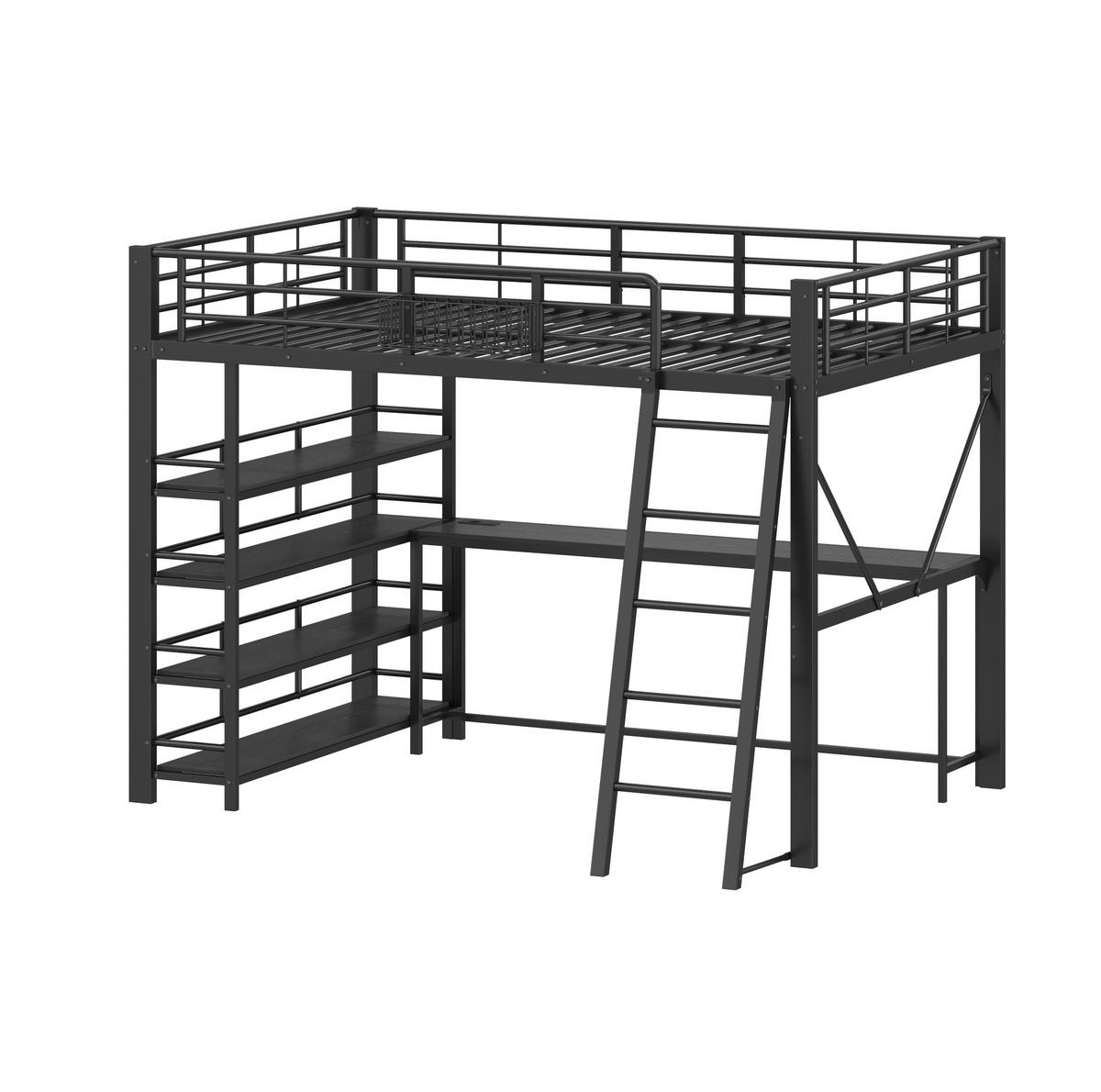 METALL-HOCHBETT aus Metall und MDF 140x200 cm Schwarz mit Schreibtisch, LED und USB-Ladestation - Schwarz, Holzwerkstoff (140/200cm) - Modfu