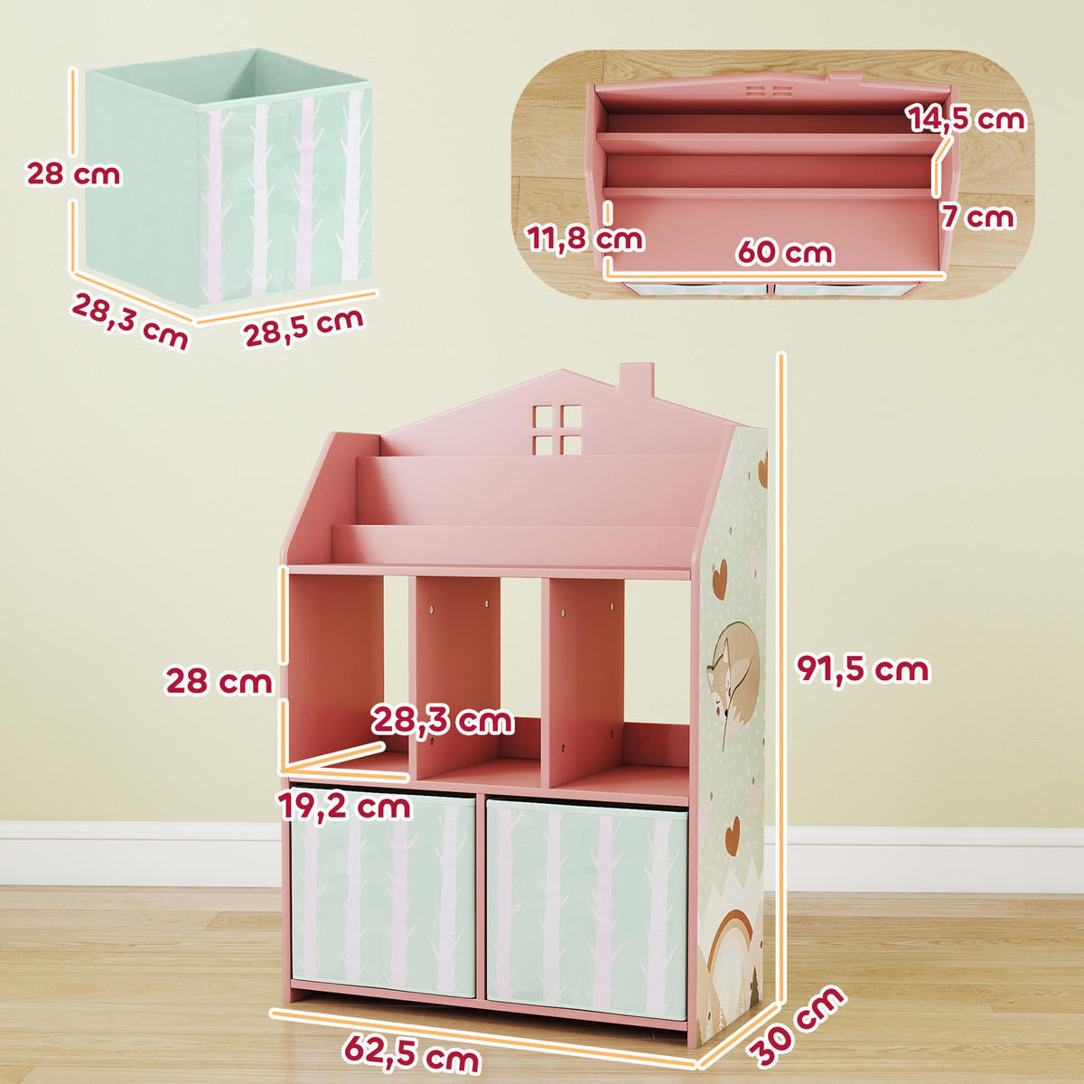 KINDERREGAL DE-09571 2 Stoffschubladen & offenes Regal Rosa - Pink, Holzwerkstoff (62.5/91.5/30cm) - ComfortXL