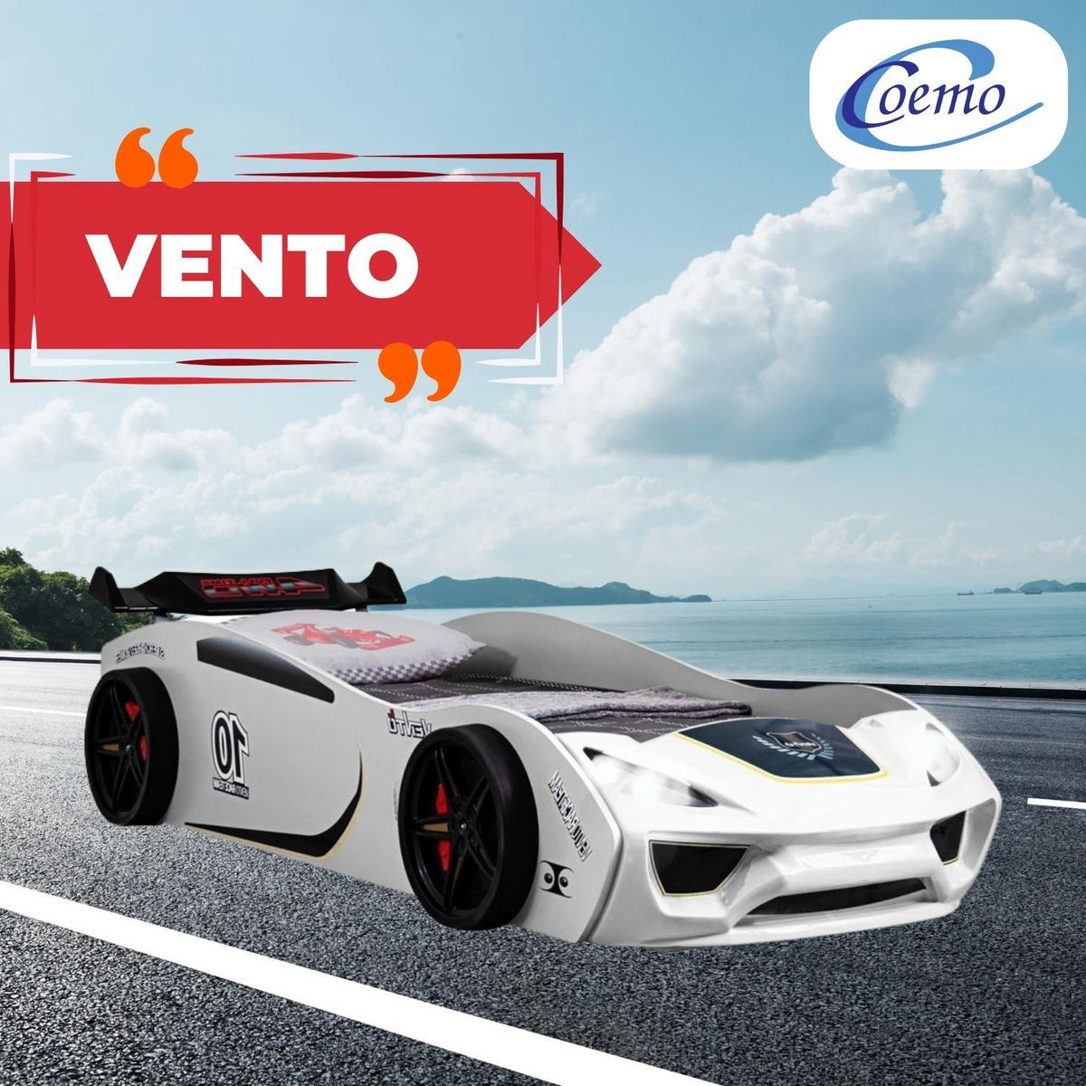 AUTOBETT VENTO Kinderbett in Weiß mit Lattenrost 260/106/60 cm - Weiß, Holzwerkstoff (90/200cm) - Coemo