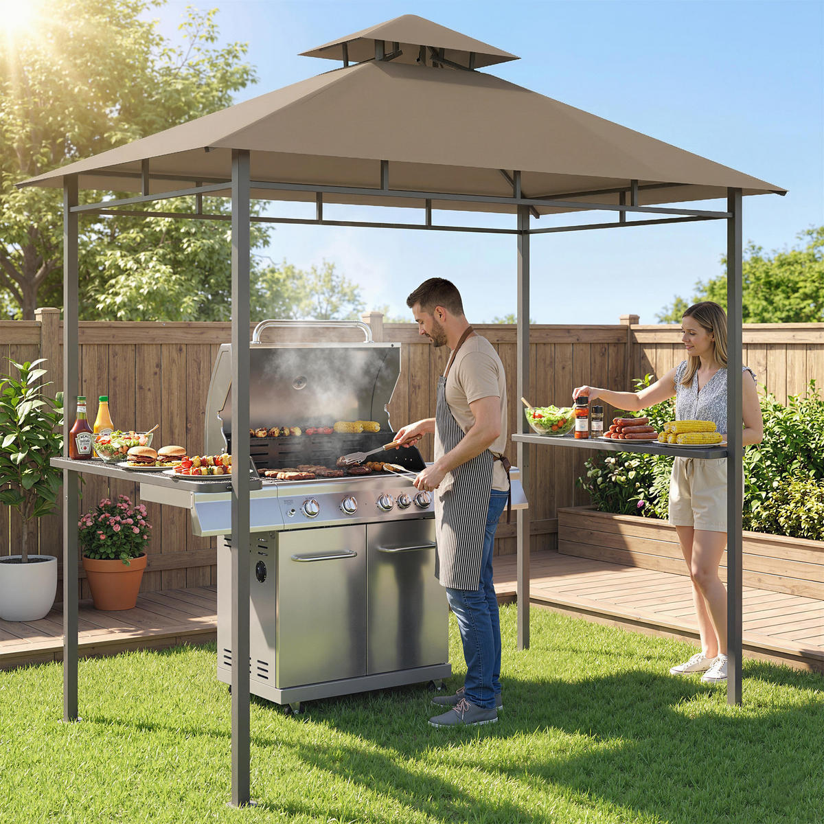 GRILLPAVILLON DE-12741 245/146/255 cm Doppeldach, 2 Seitenregale Braun - Braun, Metall (146/255/245cm) - ComfortXL