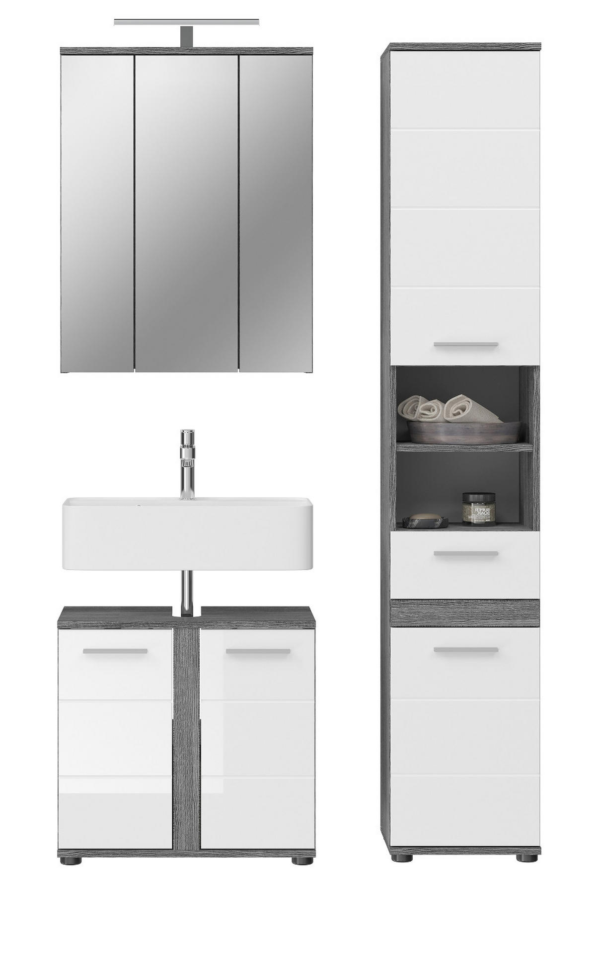 BADMÖBEL-SET weiß Hochglanz, grau 3-teilig 114 cm, Badkombination mit 18 Fächern - Weiß Hochglanz/Grau, Glas/Holzwerkstoff (114/191/34cm) - Inn.Furn