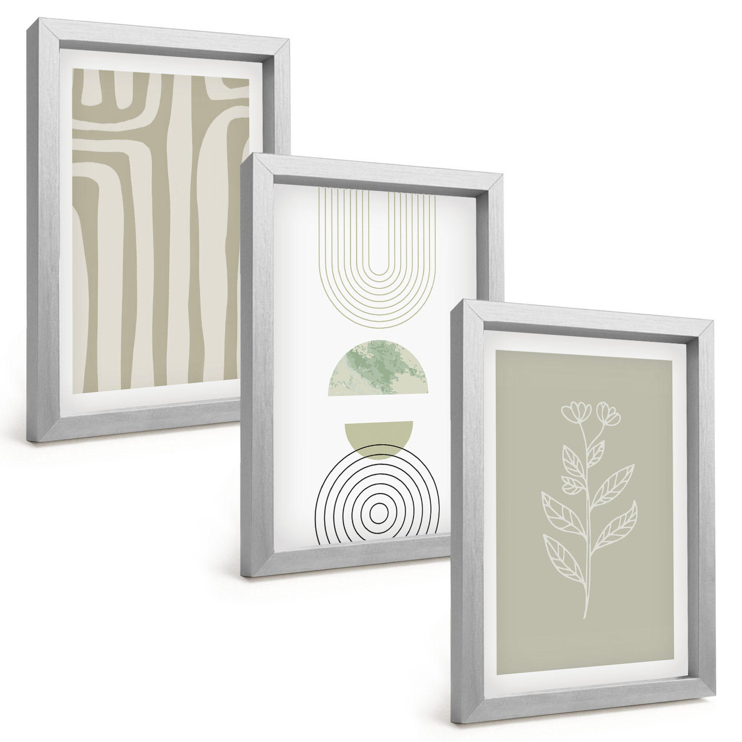 BILDER SET 3er Set - 20x30 cm Silberner Rahmen - Geometrische Pflanzenmuster - Silberfarben, Kunststoff (20/30cm) - TULUP