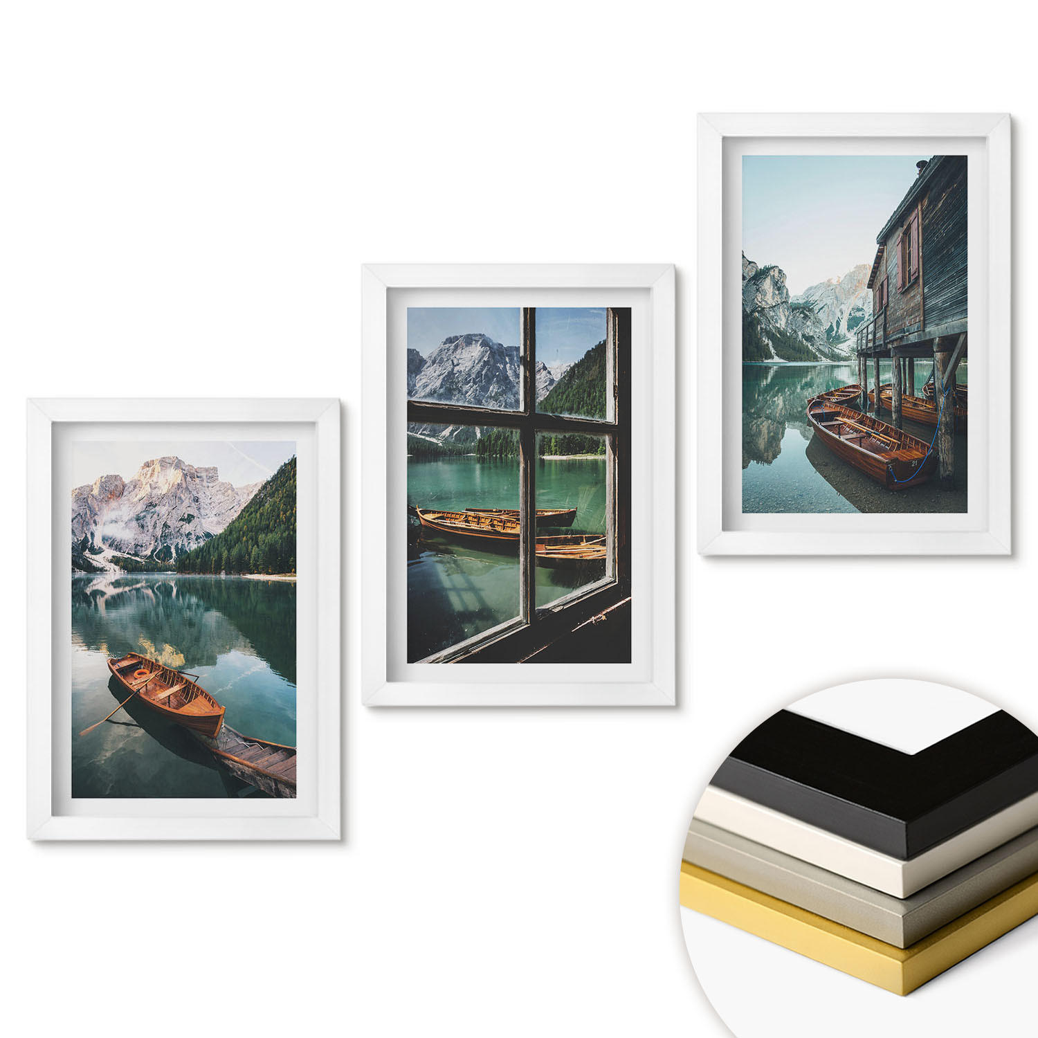 WANDBILDER 3er-Set - 20x30 cm Weißer Rahmen - Bootshaus am Bergsee - Weiß, Kunststoff (20/30cm) - ArtPrintCave