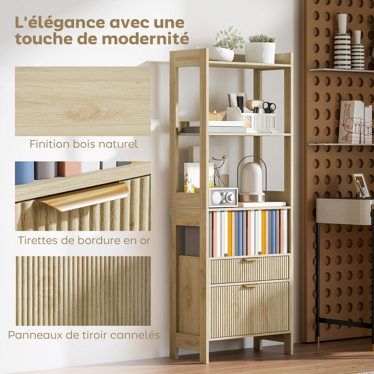 REGAL DE-15559 60/30/160 cm, 4 offene Fächer Naturholz - Naturfarben, Holzwerkstoff (60/160/30cm) - ComfortXL