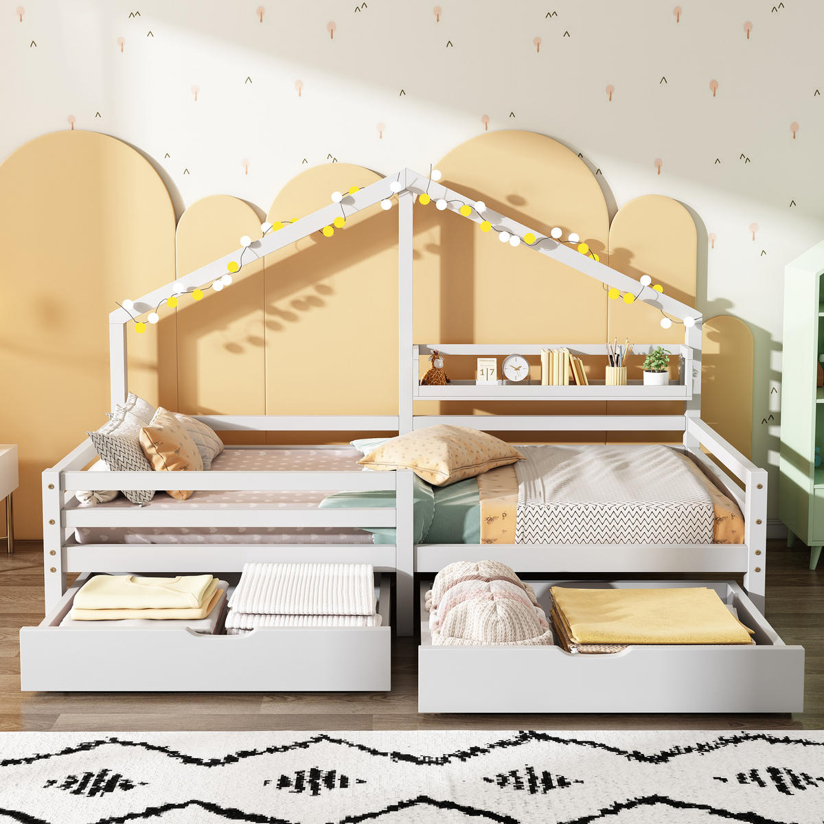 HAUSBETT 90/200 cm Weiß mit Schubladen aus Kiefernholz - Weiß, Holzwerkstoff (90/200cm) - OKWISH