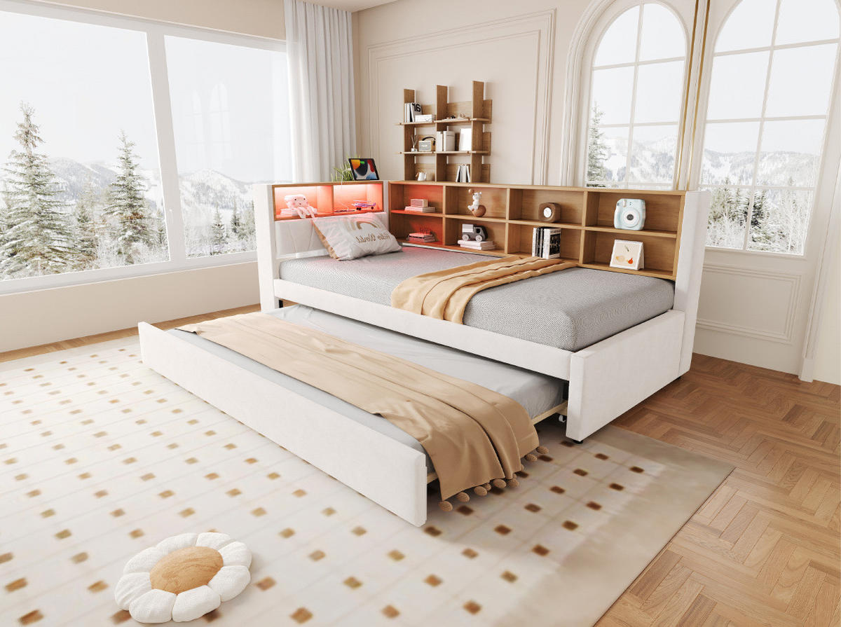 BETT 90/200 cm Beige aus Flanell mit Bett und LED - Beige, Textil (90/200cm) - OKMYHOME
