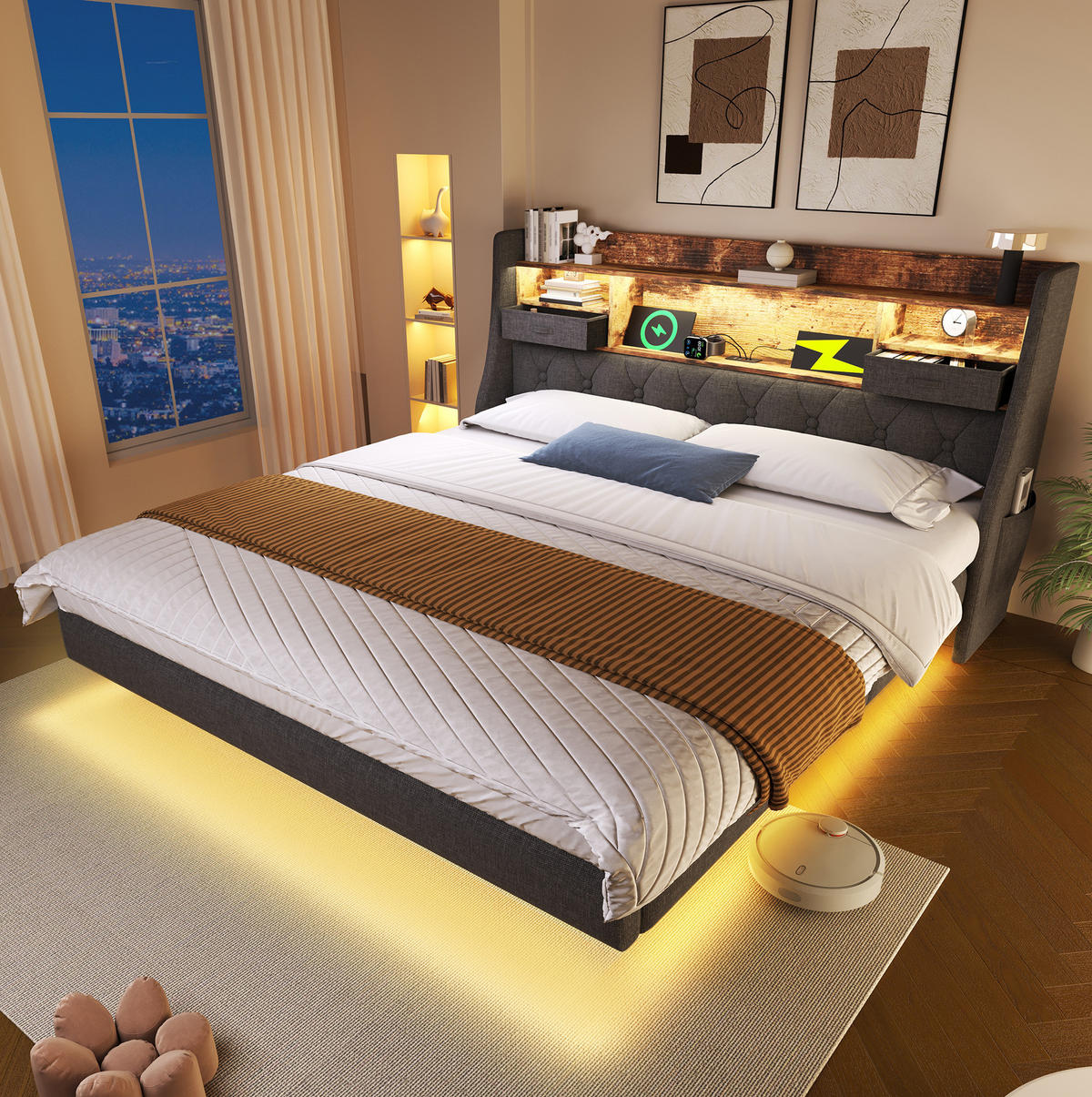 POLSTERBETT 140/200 cm mit LED-Beleuchtung, Ladestation und gepolstertem Kopfteil - Grau, Textil (140/200cm) - BEAOK