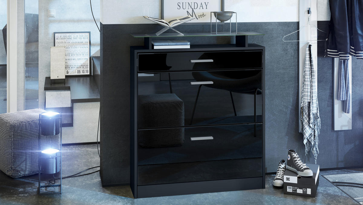 SCHUHSCHRANK Loret Front in Schwarz Hochglanz - Schwarz Hochglanz, Holzwerkstoff (89/104/23cm) - Vladon