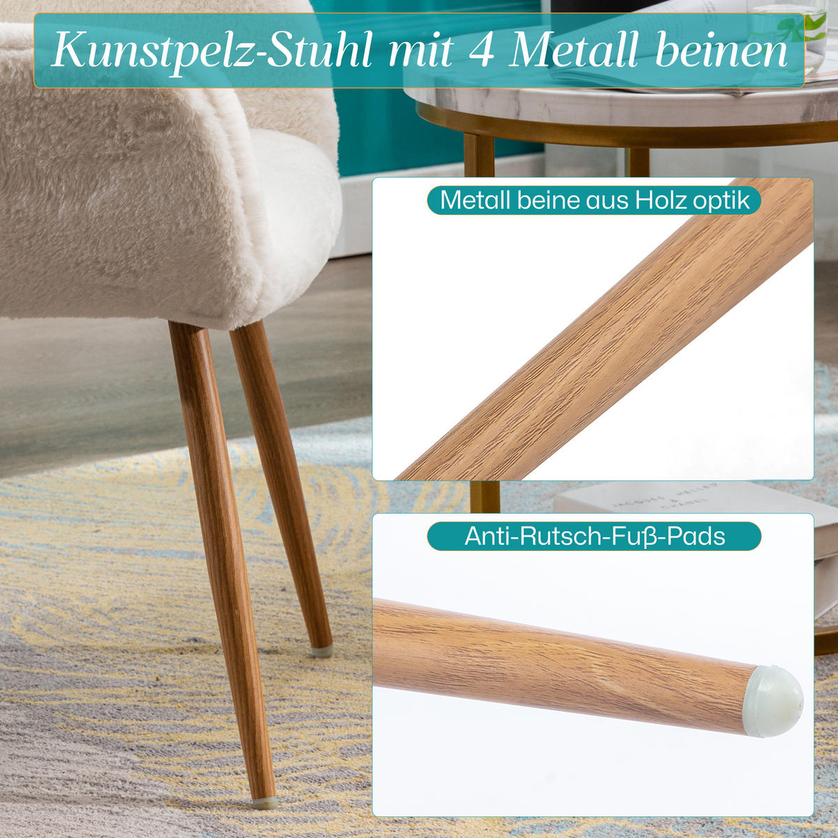ESSZIMMERSTUHL Mid-Century, Kunstfell, Stahlbeine - Weiß, Textil (46/79/59cm)
