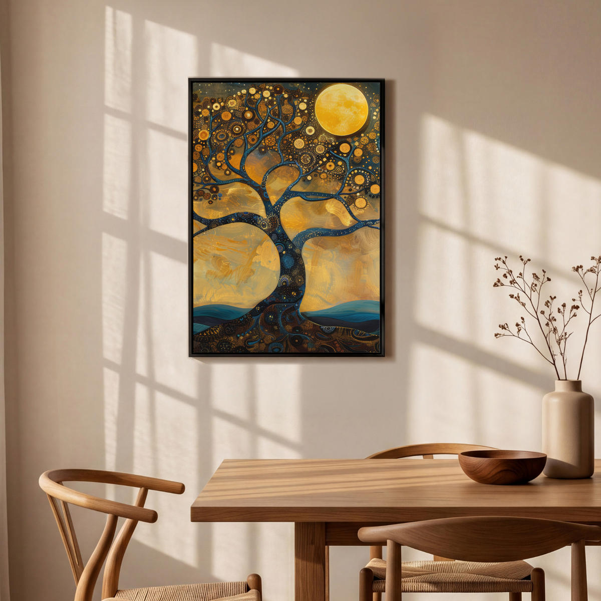 LEINWAND Bilder mit Rahmen - Baum - Mond - Blumen - Gold - Kunst - 60x90 - Orange, Textil (60/90cm) - MuchoWow