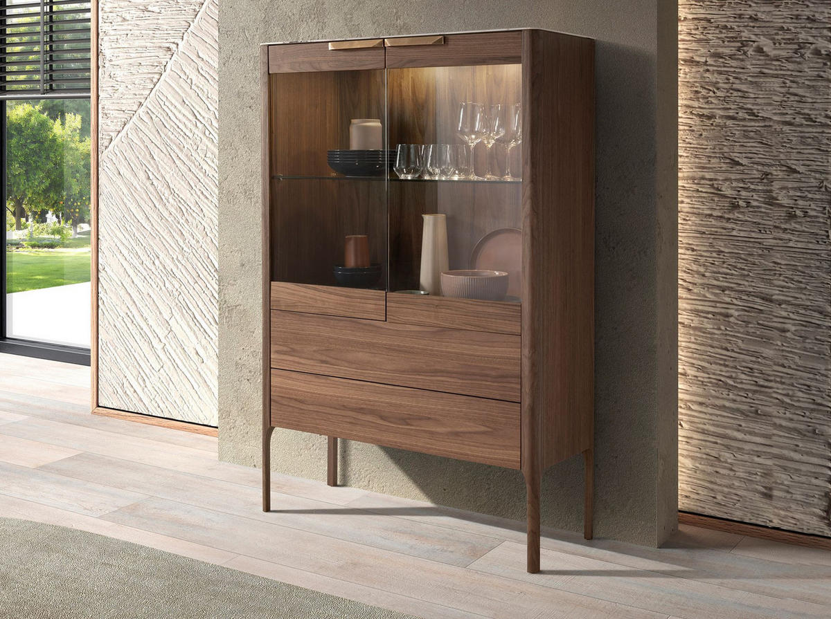 HIGHBOARD Hohe Anrichte aus Nussbaumholz mit Glasplatte aus Marmorimitation und Innenbeleuchtung 99/40/161 cm - Transparent/Walnussfarben, Holz (99/161/40cm) - ANGEL CERDA