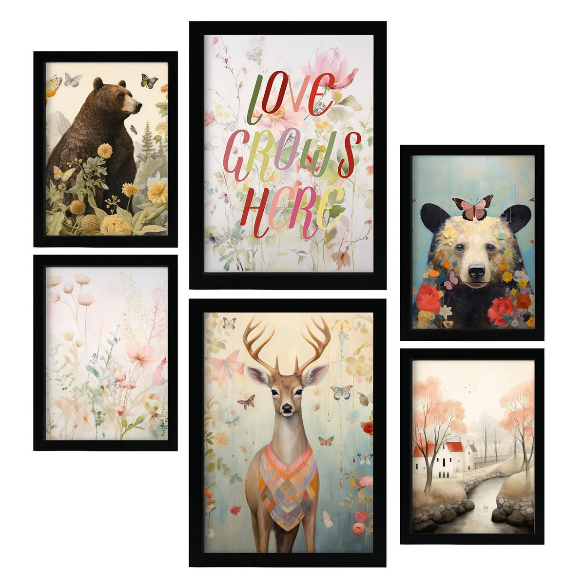 POSTER Set Mit 6 Blumen & Schmetterlinge A3 & A4 Schwarzer Rahmen - Schwarz, Papier (29/3cm) - Nacnic