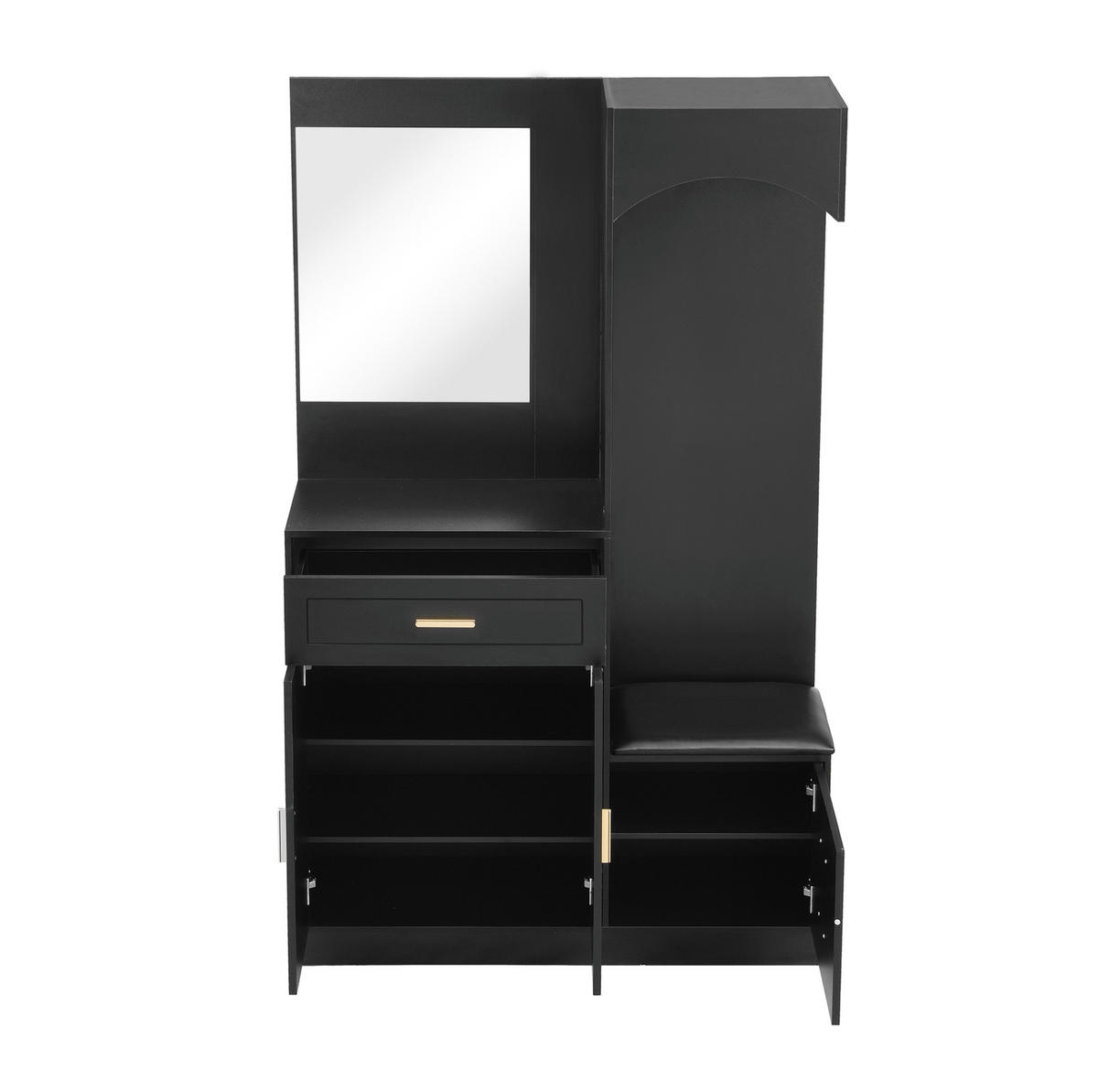 KOMPAKTGARDEROBE 110/33/185,5 cm aus MDF mit Spiegel und Schuhbank Schwarz - Schwarz, Holzwerkstoff (110/185.5/33cm) - Modenvie
